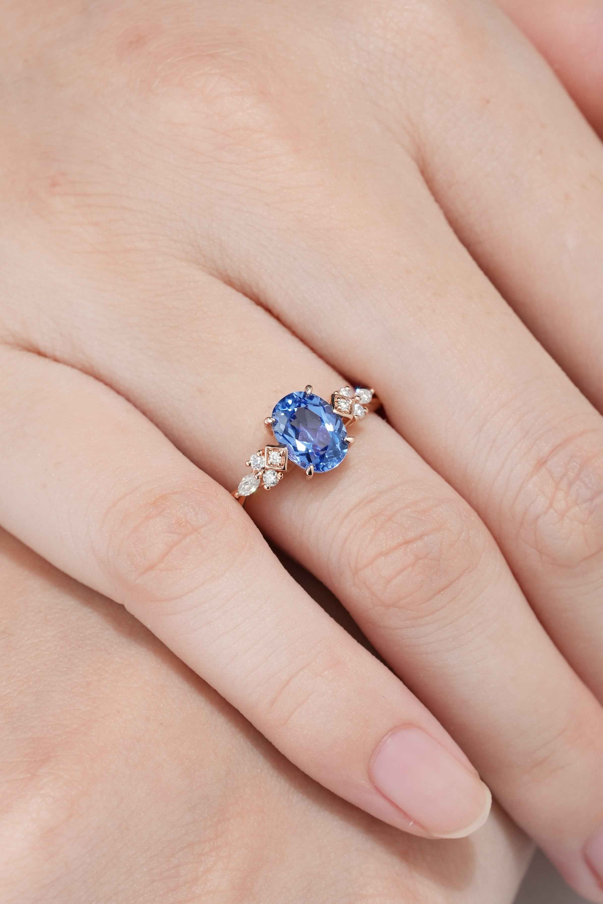 Art Deco Oval Cut Cornflower Sapphire Engagement Ring Rose Gold