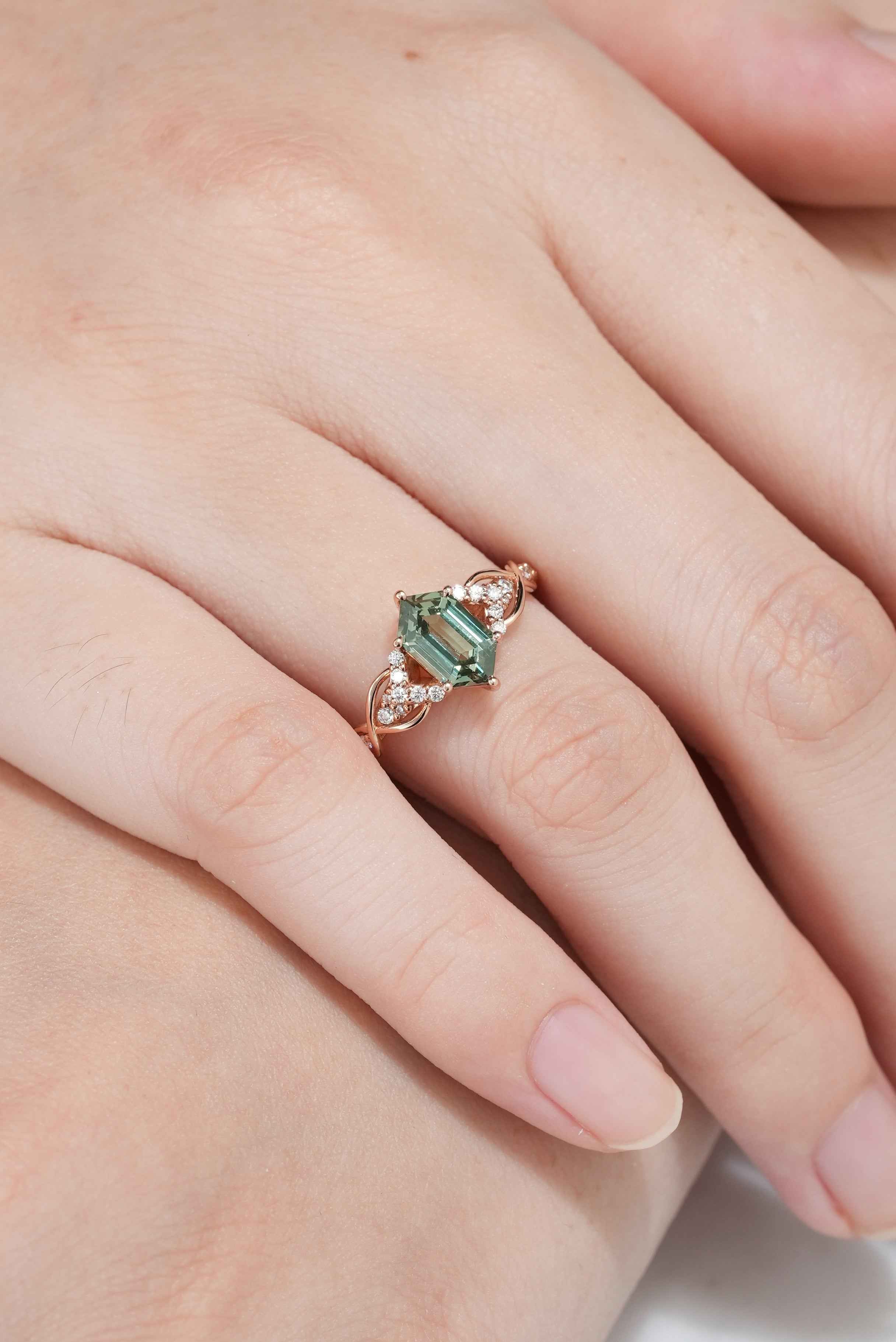 Long Hexagon Green Sapphire Engagement Ring Twisted Design Moissanite Cluster