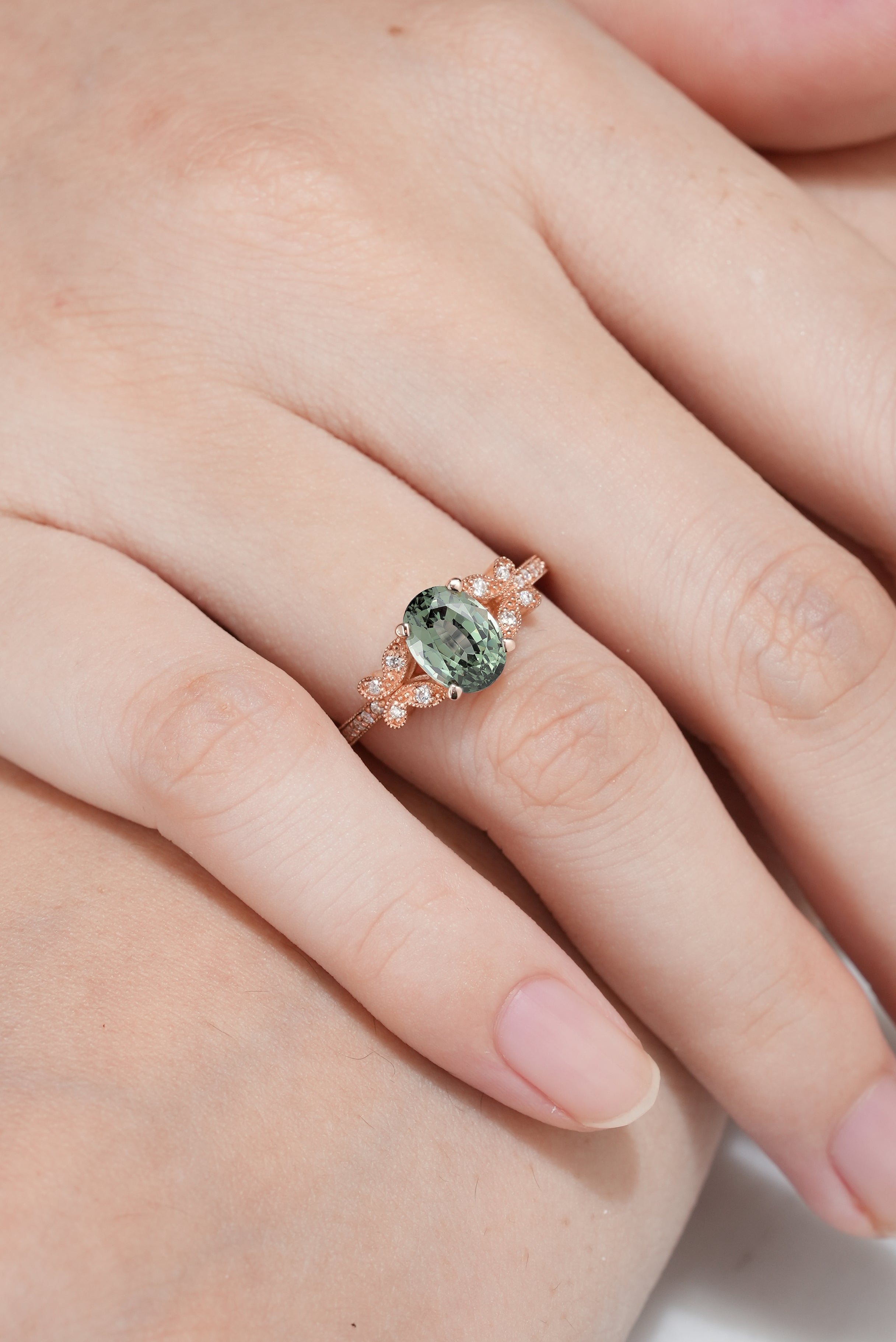 Unique Design Moissanite Cluster Butterfly Green Sapphire Ring In A Woman's Finger