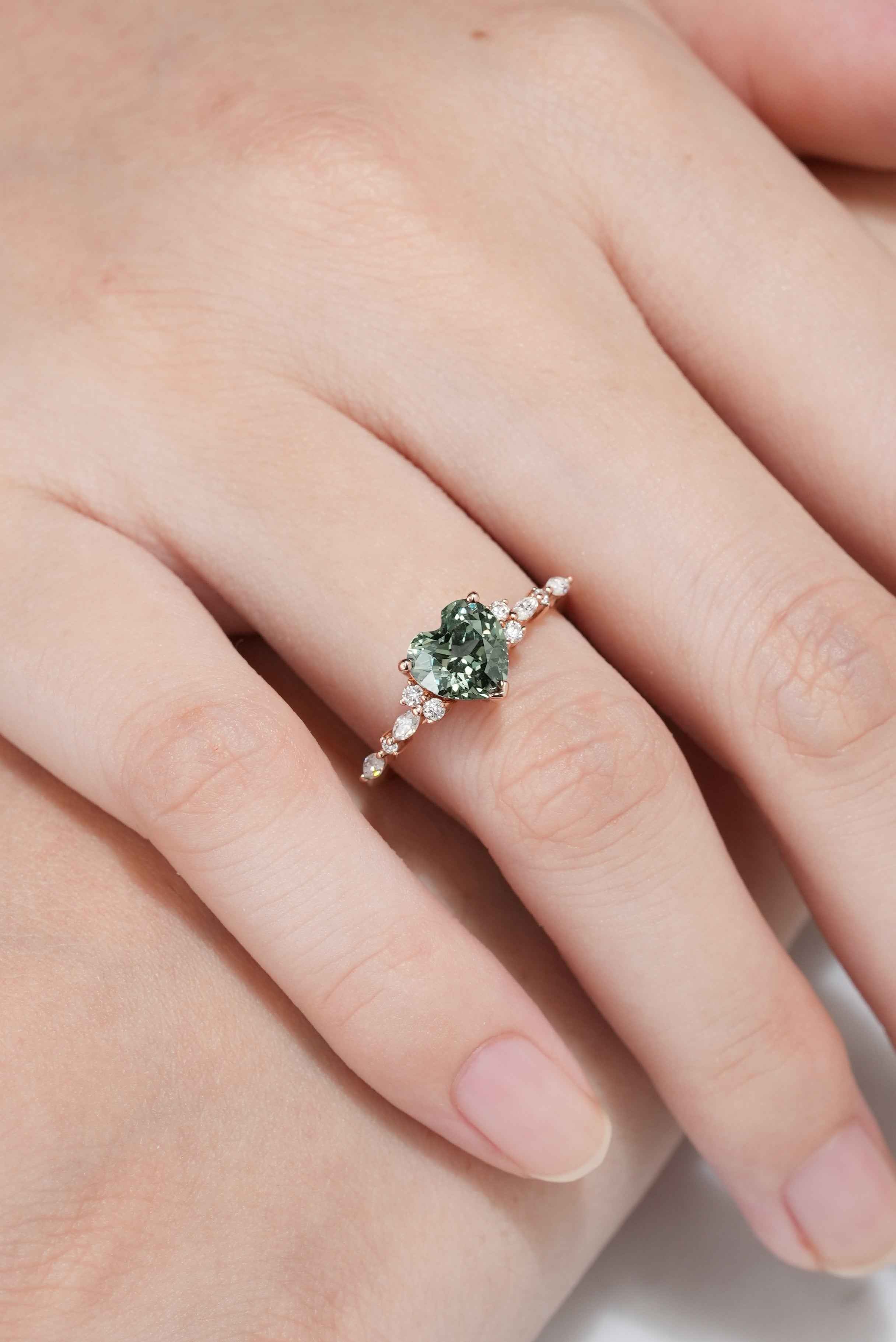 Classic Heart Shaped Green Sapphire Ring Moissanite Cluster