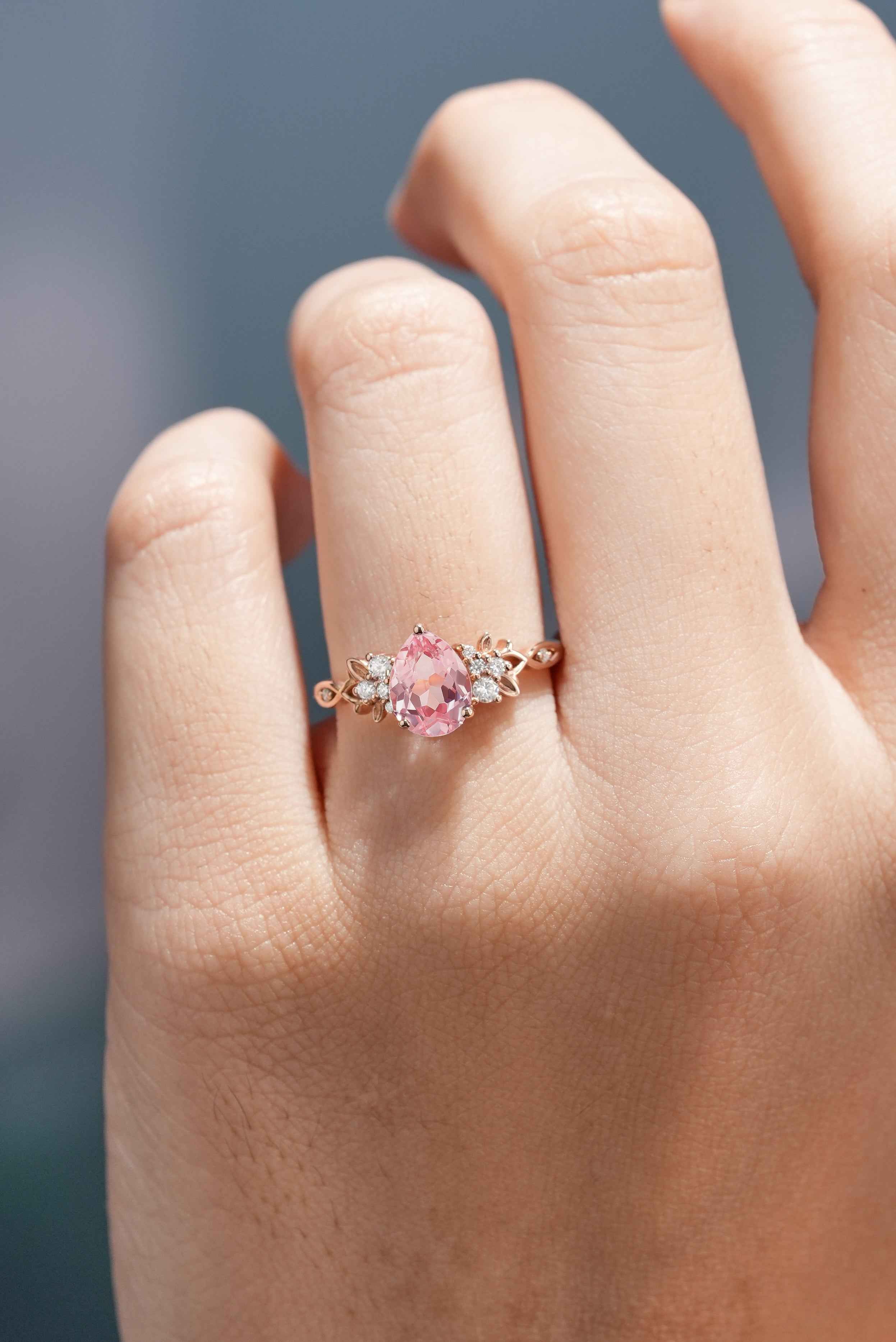 Natural Inspired Leaf Ring Pear Cut Pink Sapphire Engagement Ring