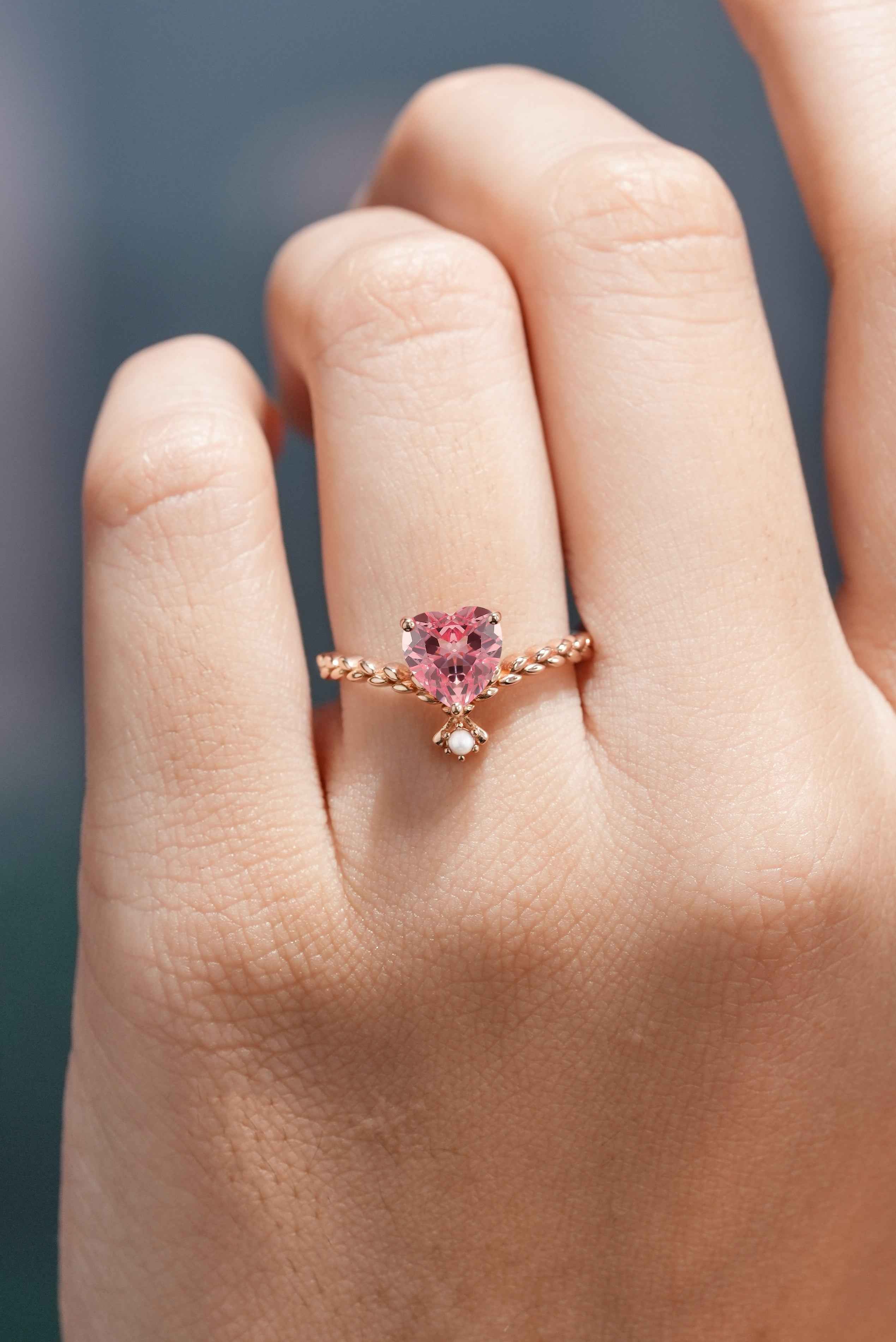 Unique Heart Shaped Pink Sapphire Engagement Ring Pearl Twist Ring
