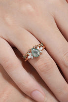 Moss Agate Engagement Ring Set Green Sapphire Open Wedding Band 2pcs