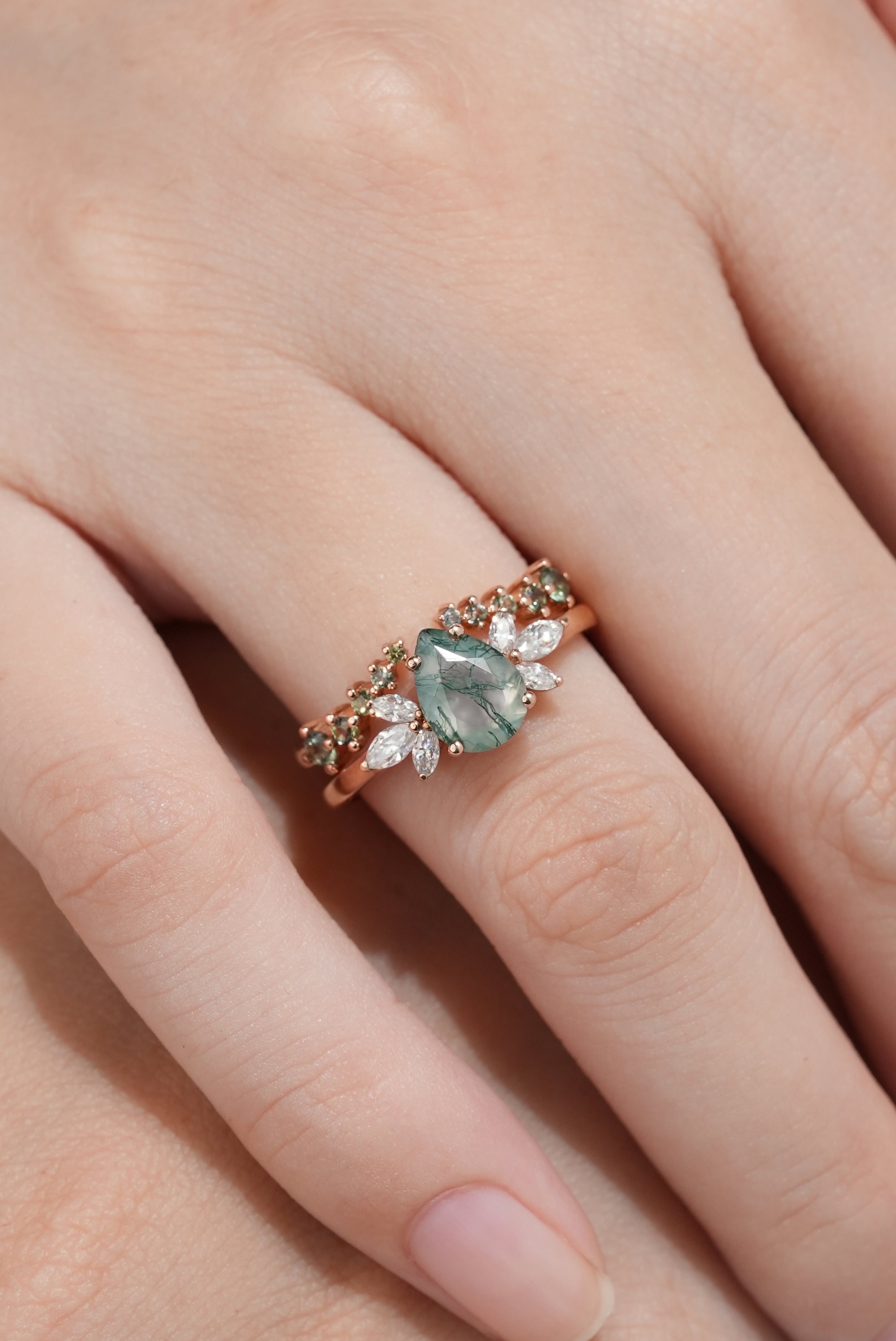 Moss Agate Engagement Ring Set Green Sapphire Open Wedding Band 2pcs In A Finger