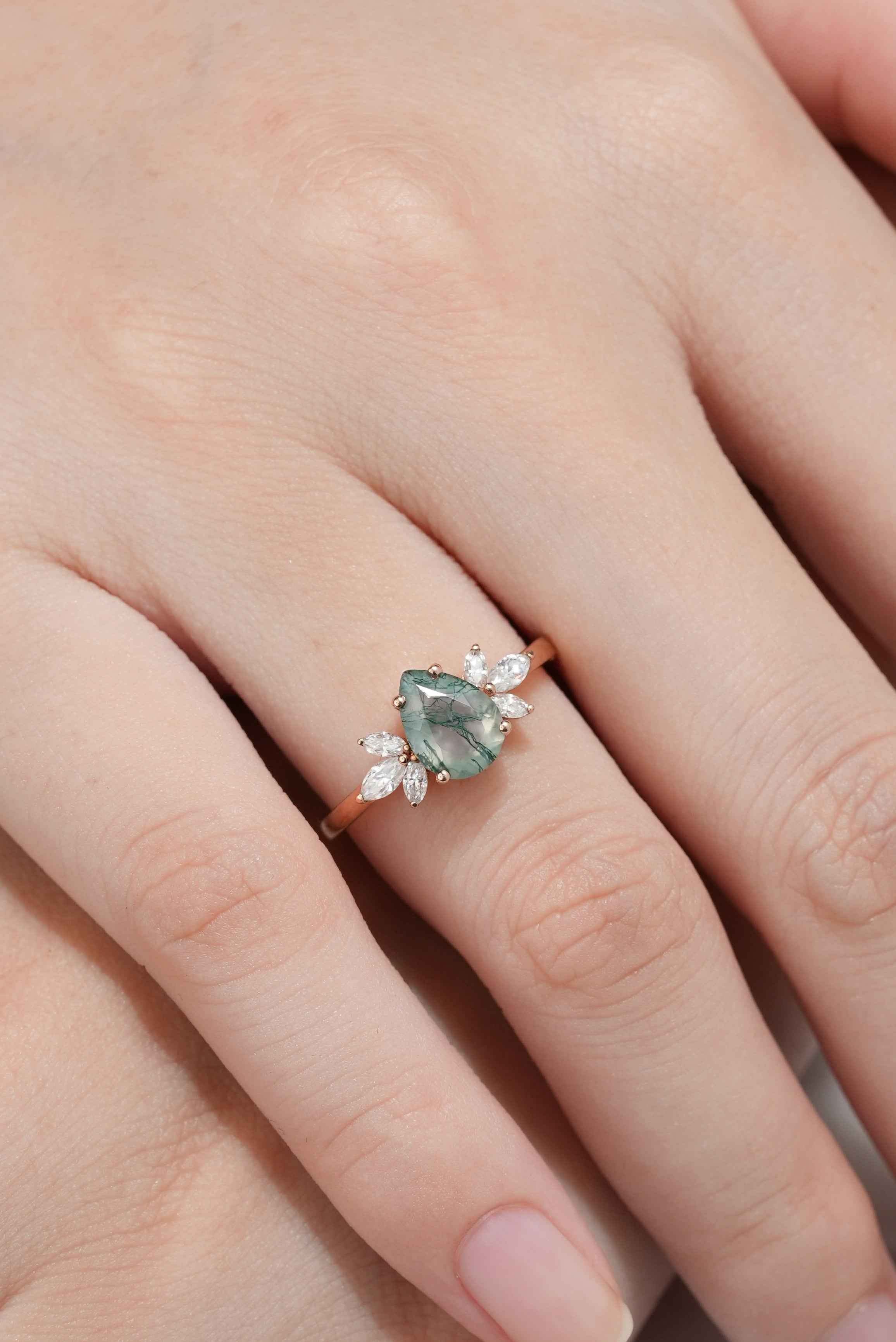 Unique Pear Cut Moss Agate Engagement Ring For Women