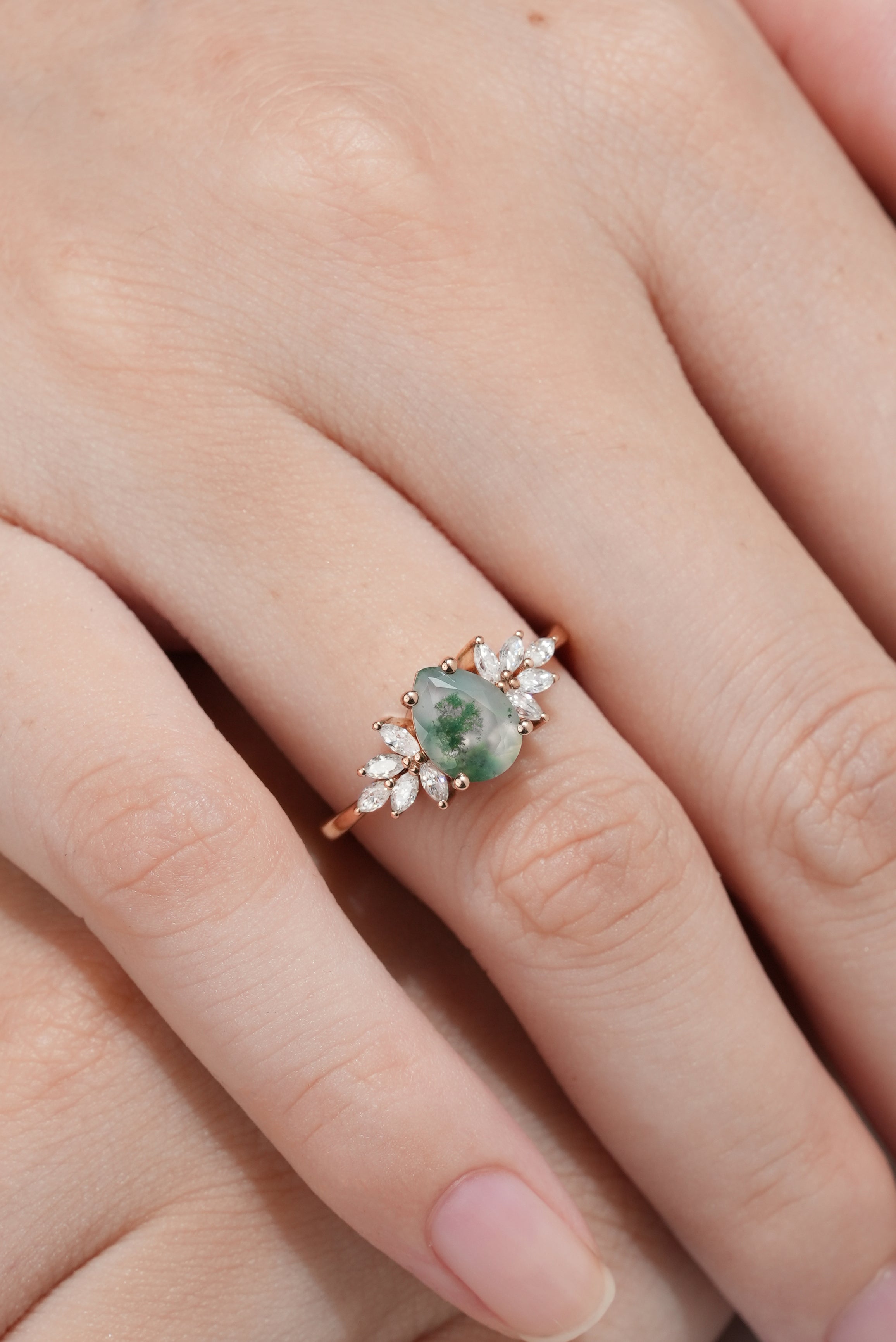 Unique Moss Agate Engagement Ring Marquise Moissanite Cluster Wedding Ring In A Hand