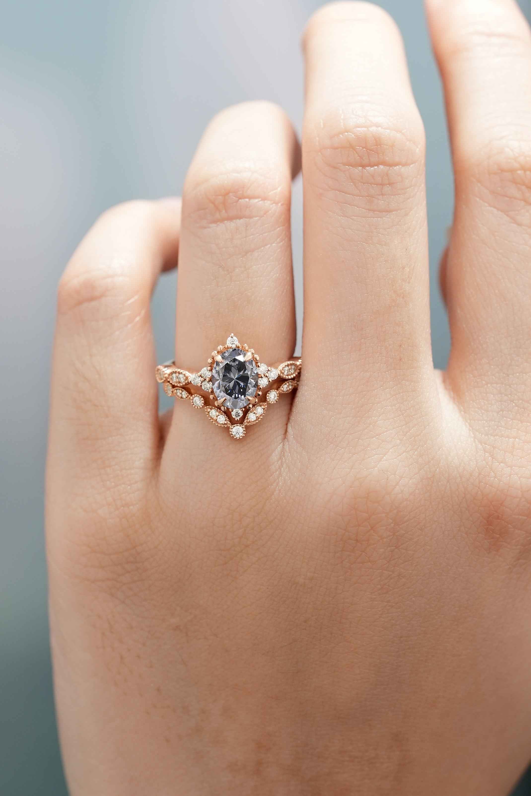 Oval Black Moissanite Engagement Ring Set Chevron Moissanite Wedding Band