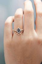 Oval Black Moissanite Engagement Ring Set Chevron Moissanite Wedding Band