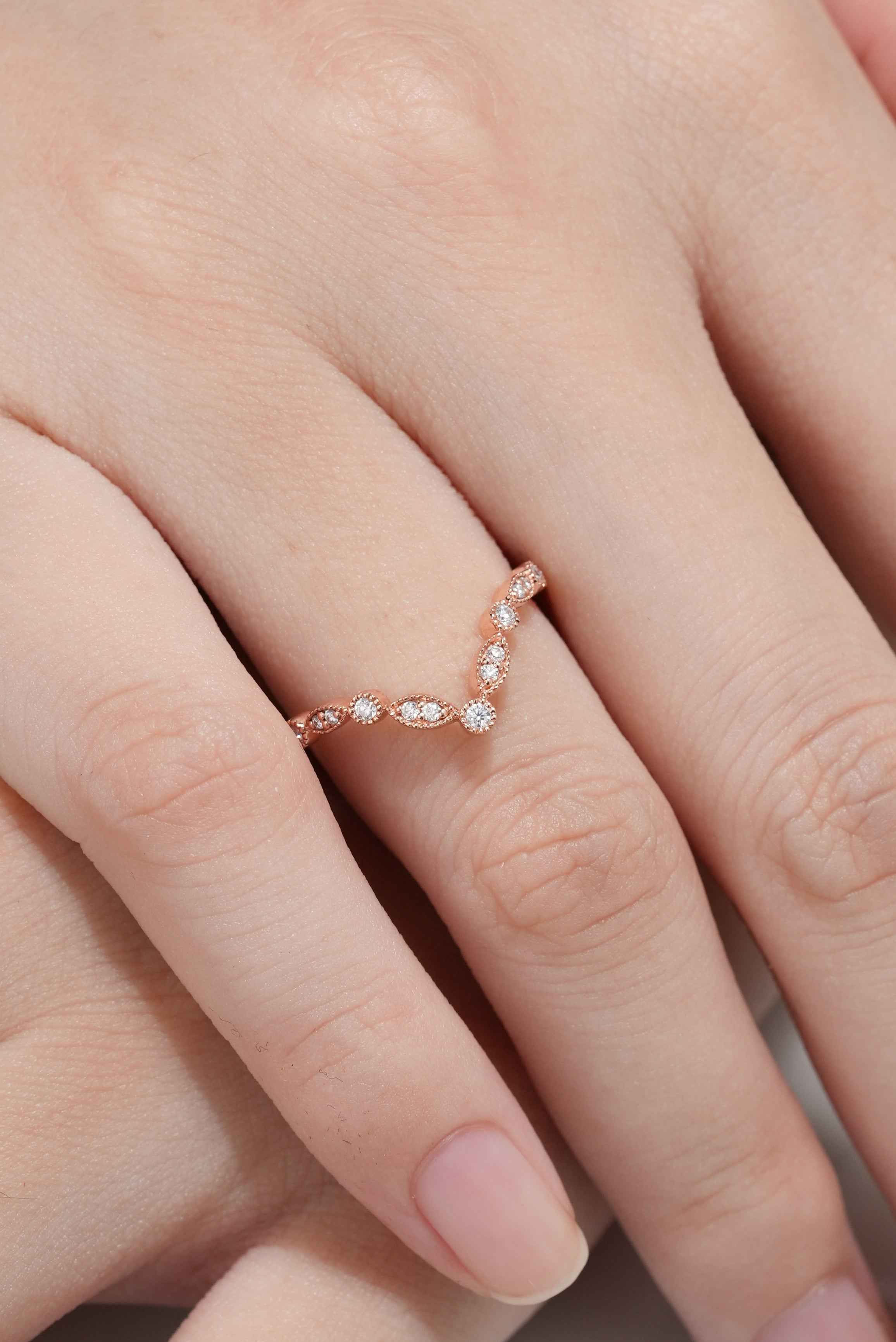 Vintage Moissanite Chevron Wedding Band Rose Gold