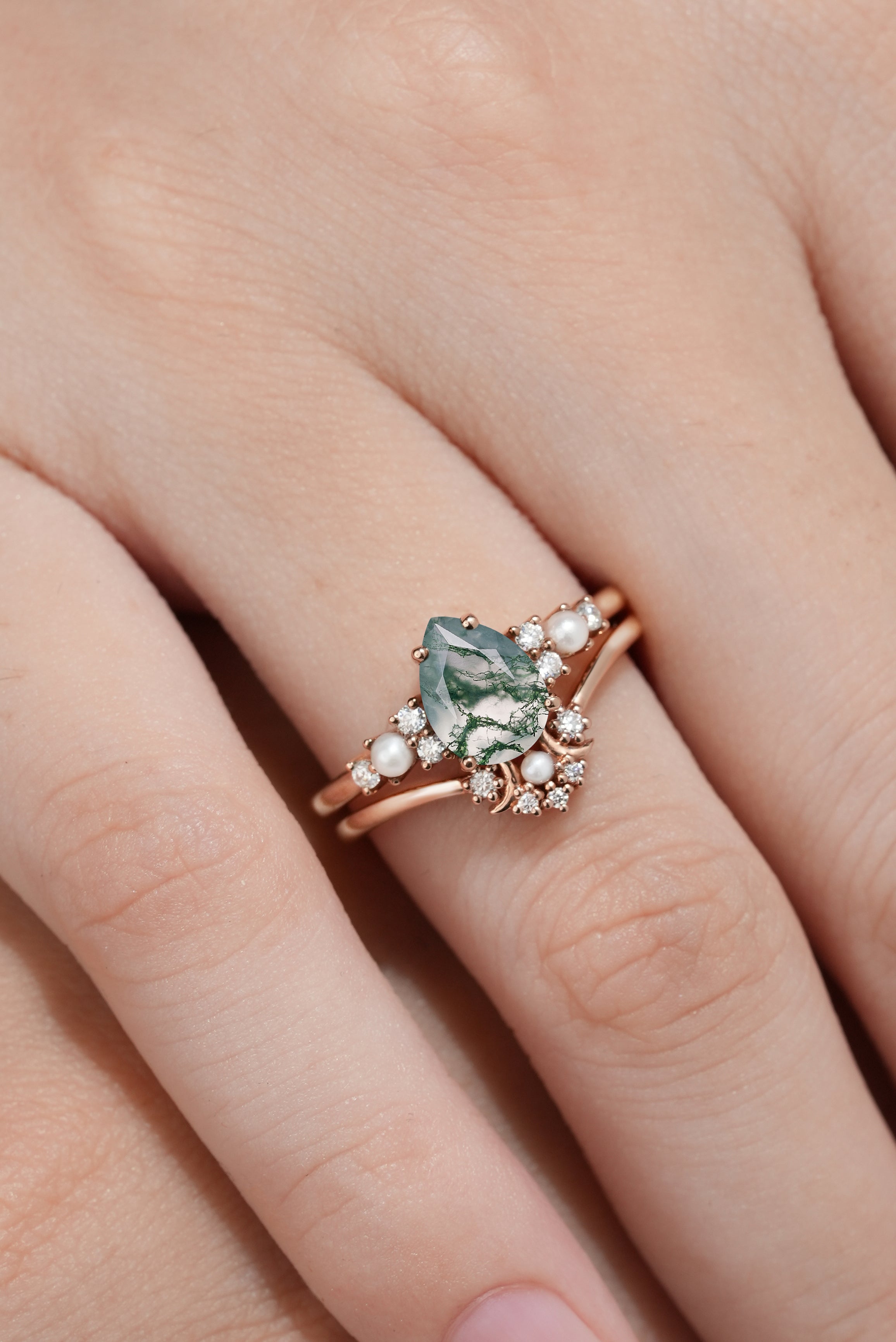 Rose Gold Pear Cut Moss Agate Engagement Ring with Moon Wedding Band