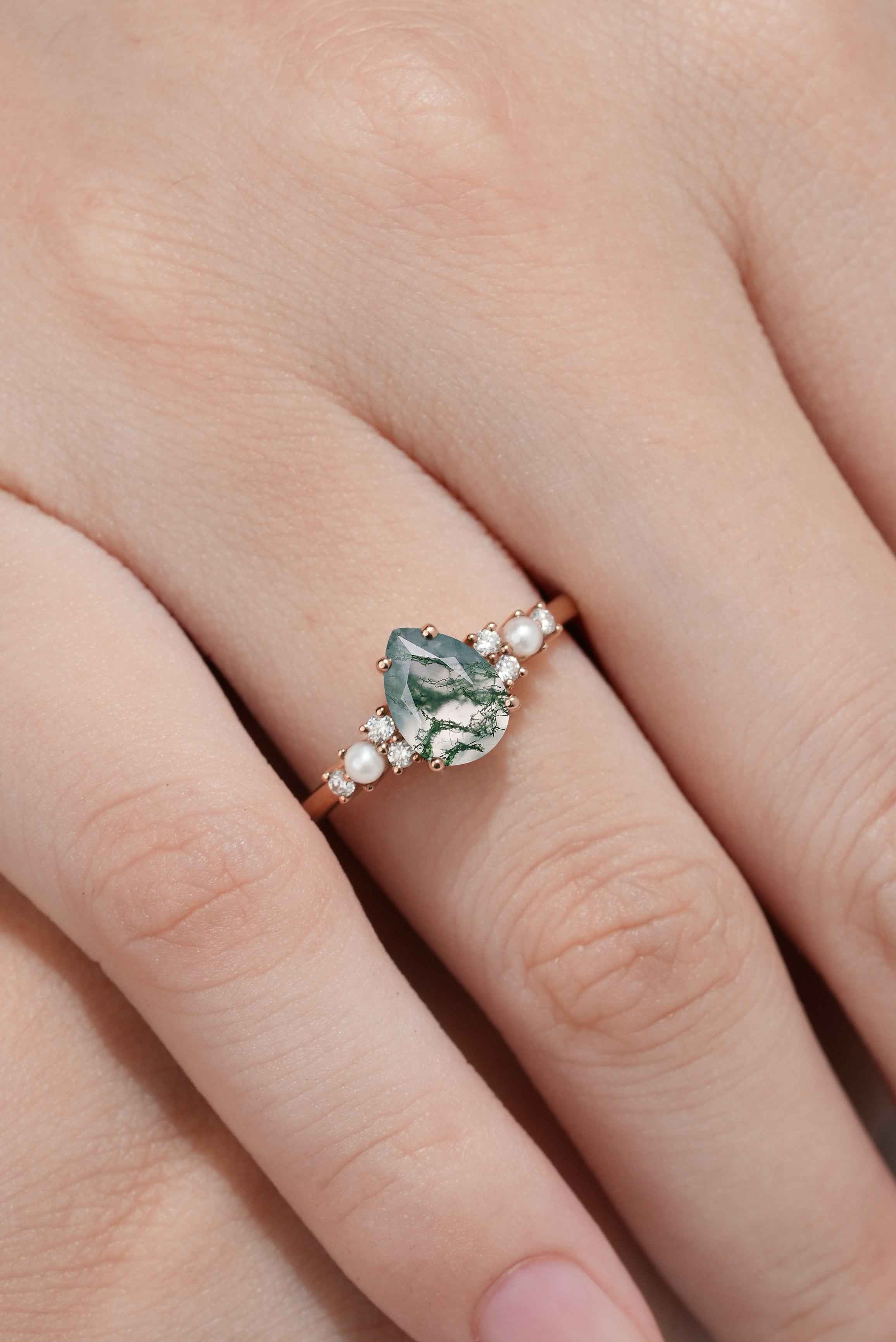 Unique Pear Cut Moss Agate Engagement Ring Moissanite And Pearl Cluster