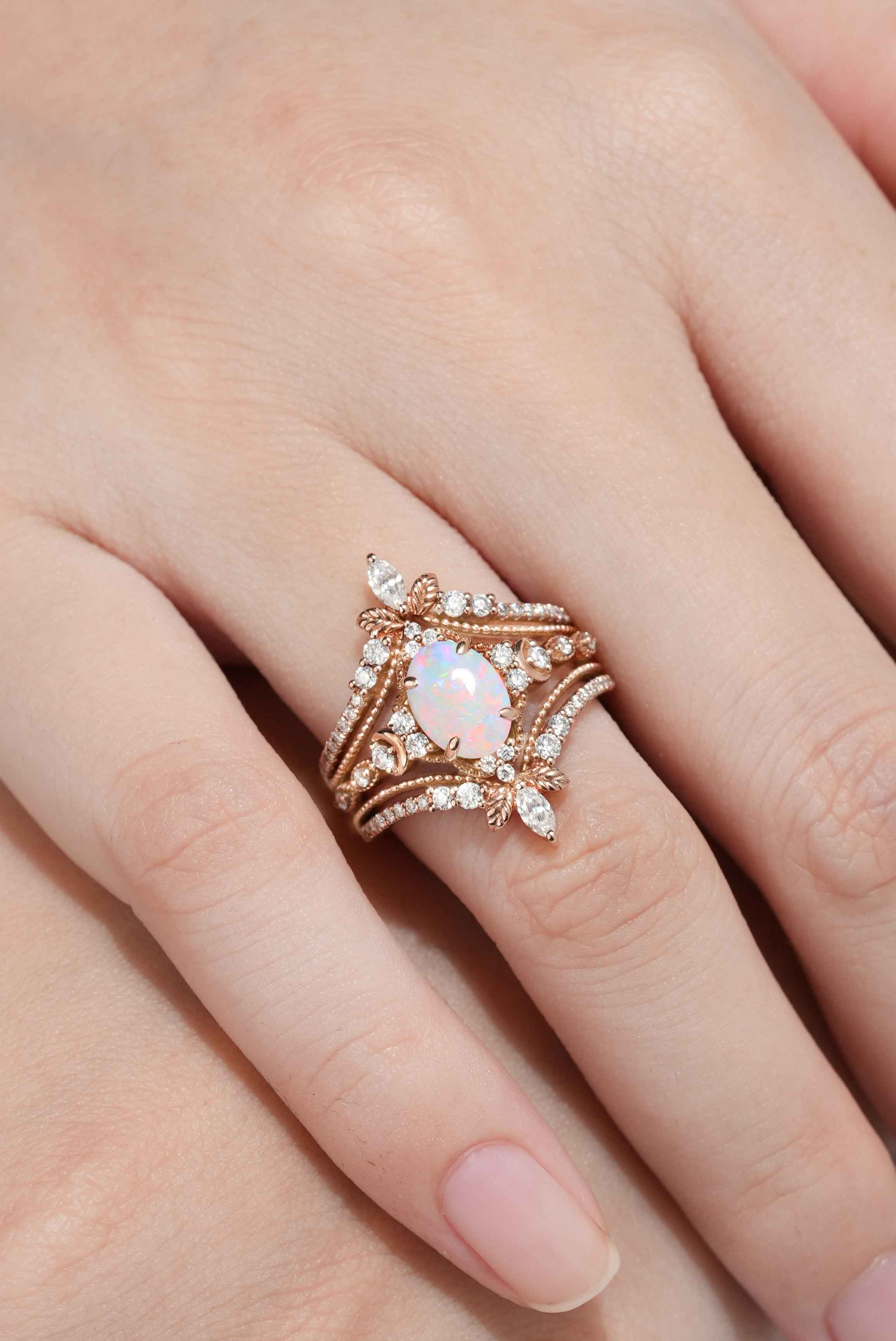 Opal Engagement Ring Nature Inspired Leaf Enhancer Wedding Band 2pcs