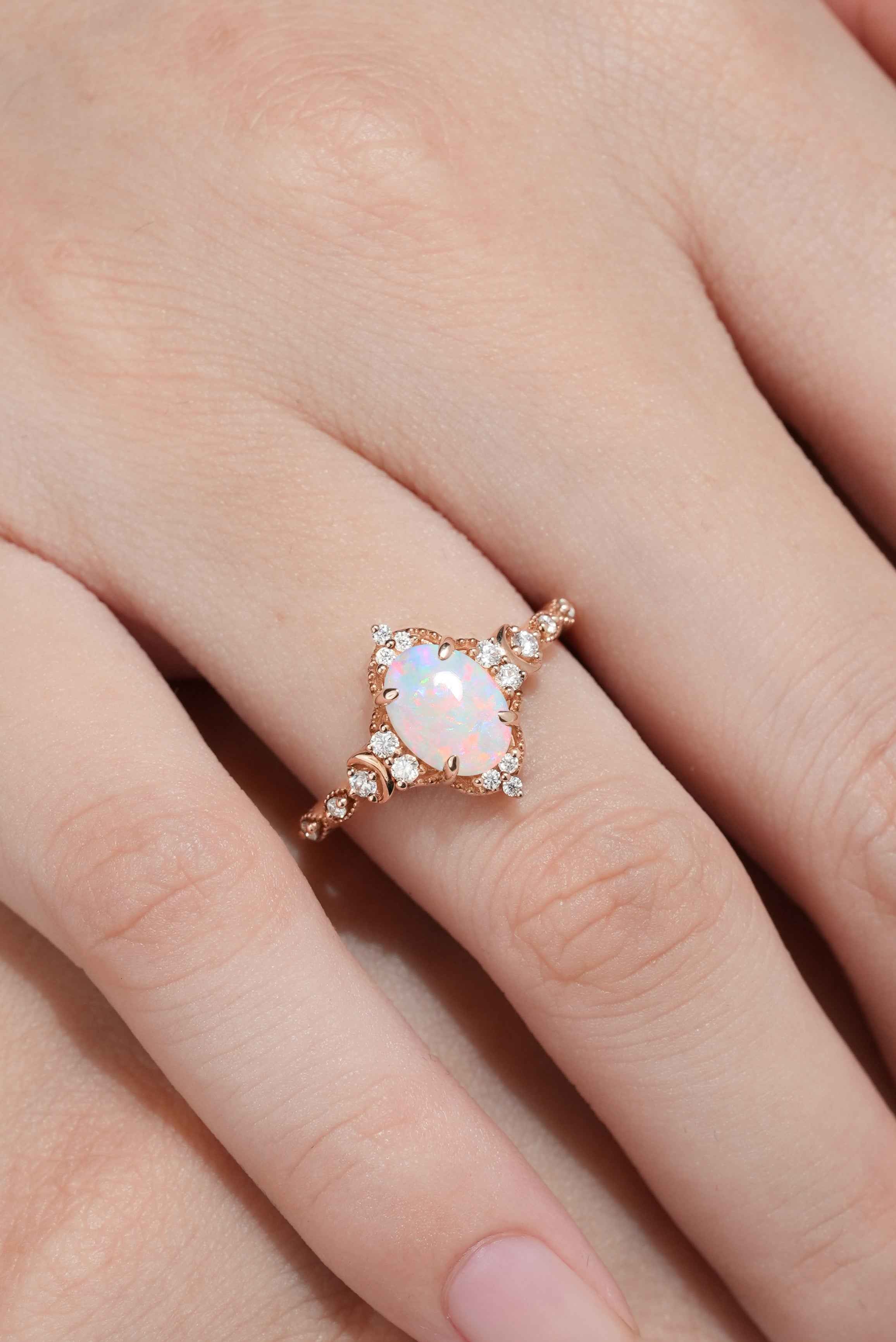 Unique Oval Opal Engagement Ring Moon Ring Rose Gold