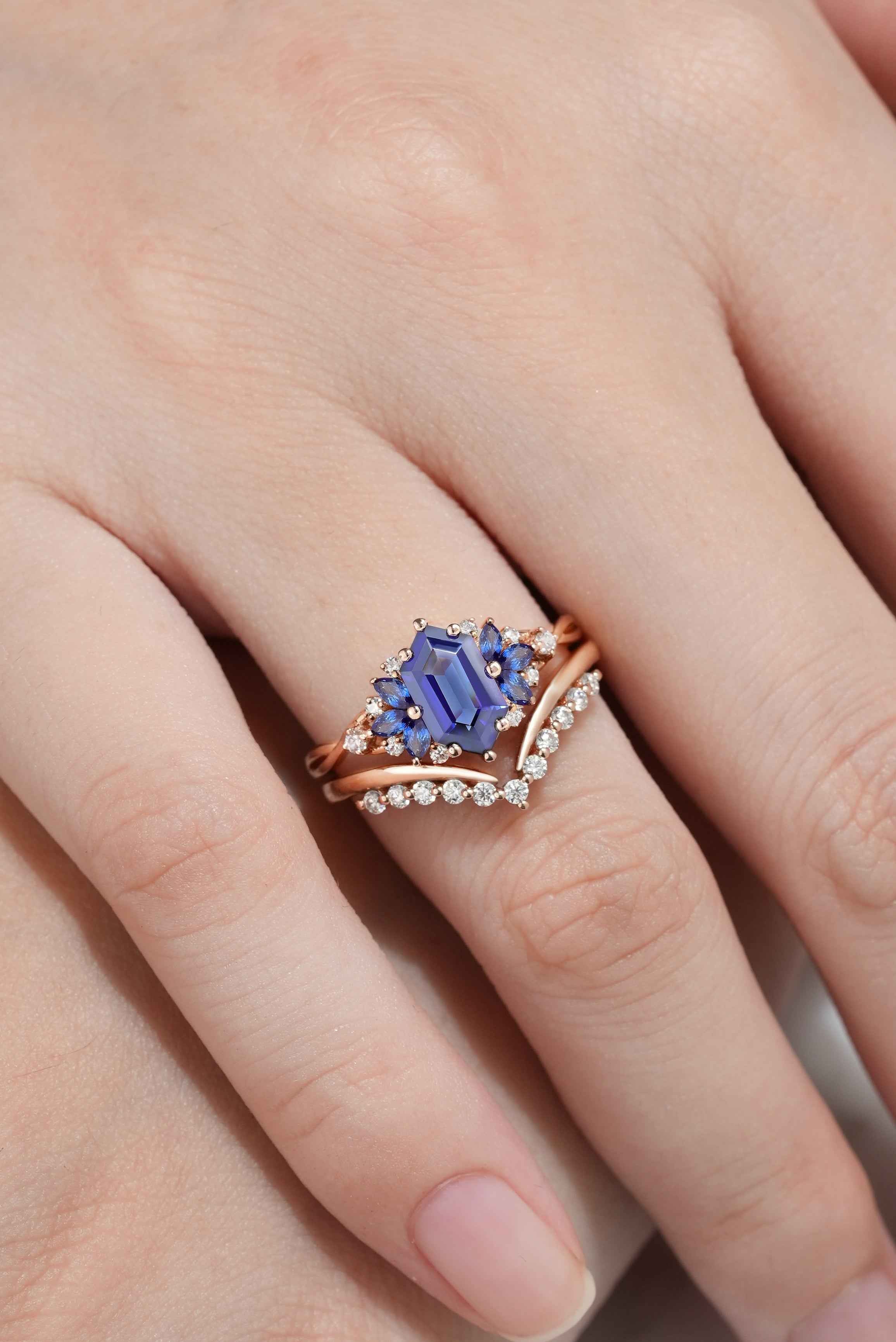 Dainty Hexagon Cut Blue Sapphire Engagement Ring Set Chevron Wedding Band 2pcs