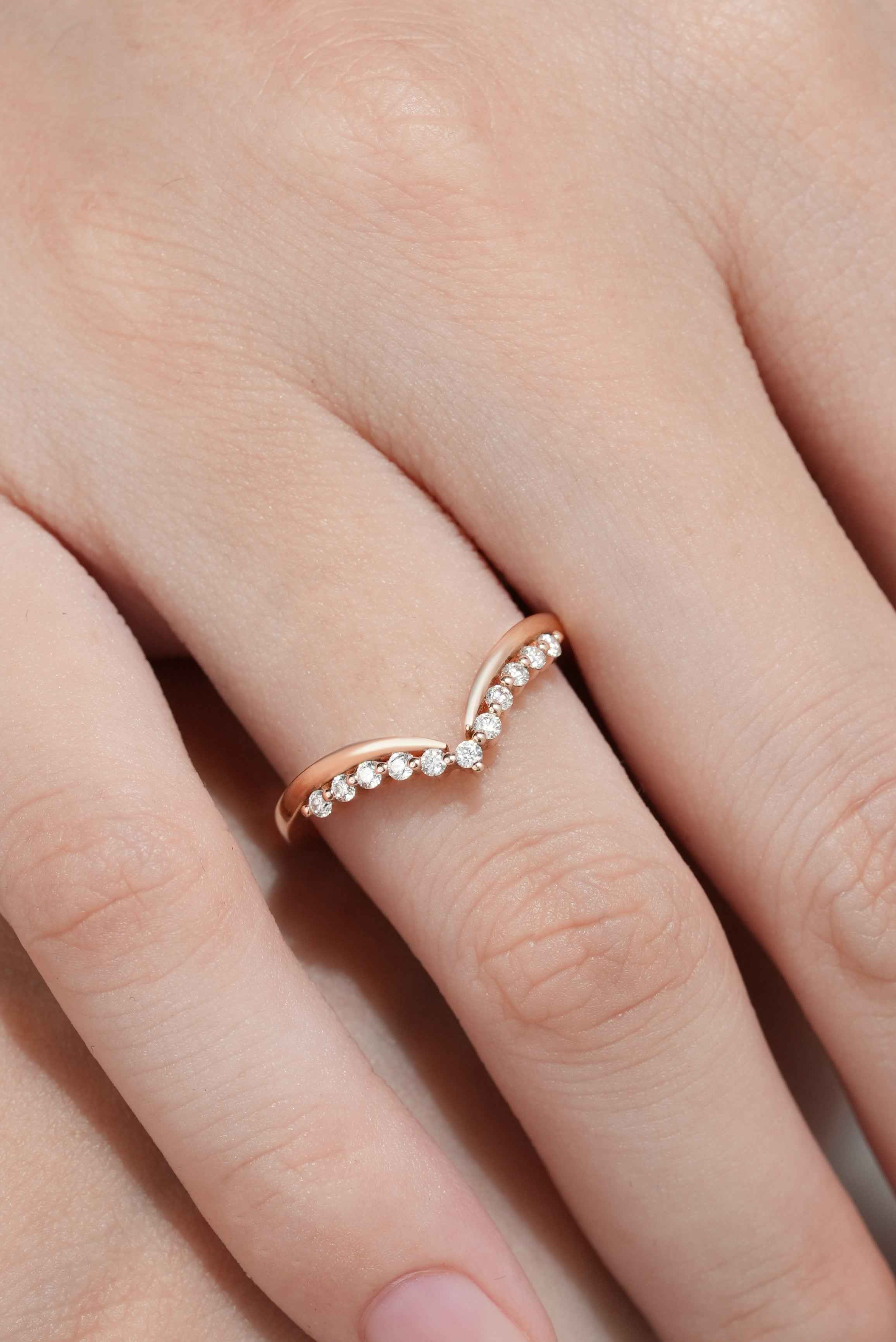 Minimalist Moissanite Wedding Band Chevron Shape Rose Gold Ring