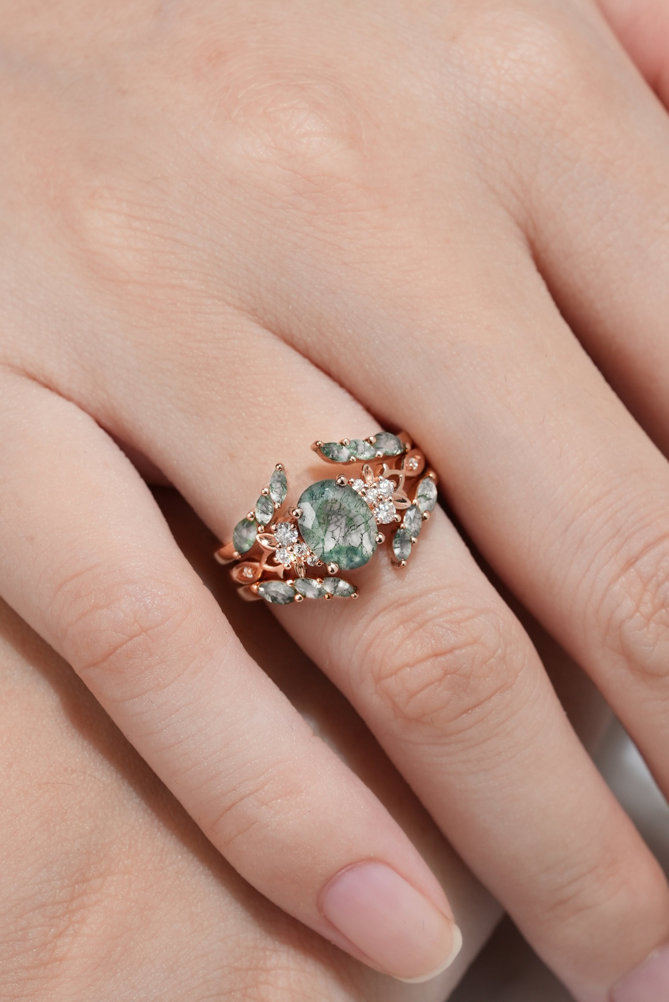 Moss Agate Engagement Rings Set Enhancer Wedding Band In A Finger