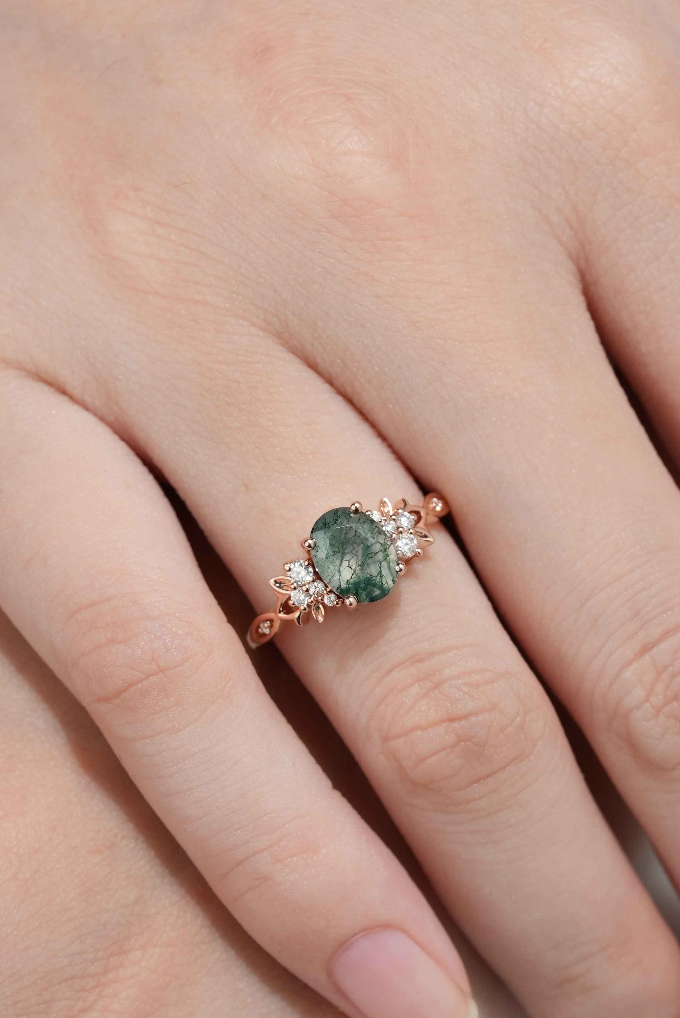 Oval Cut Moss Agate Engagement Ring Nature Inspired Leaf Ring