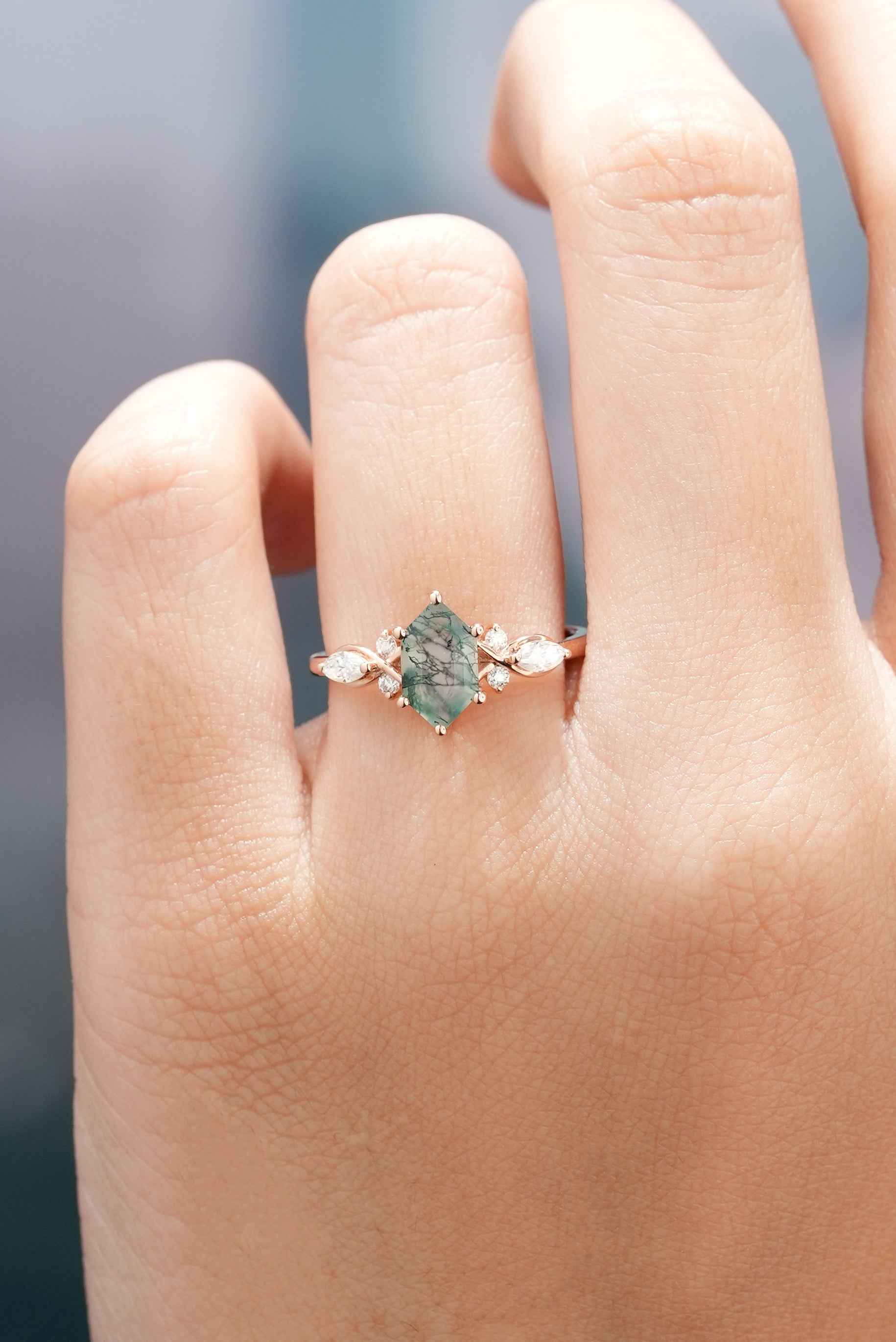 Unique Hexagon Shaped Moss Agate Engagement Ring
