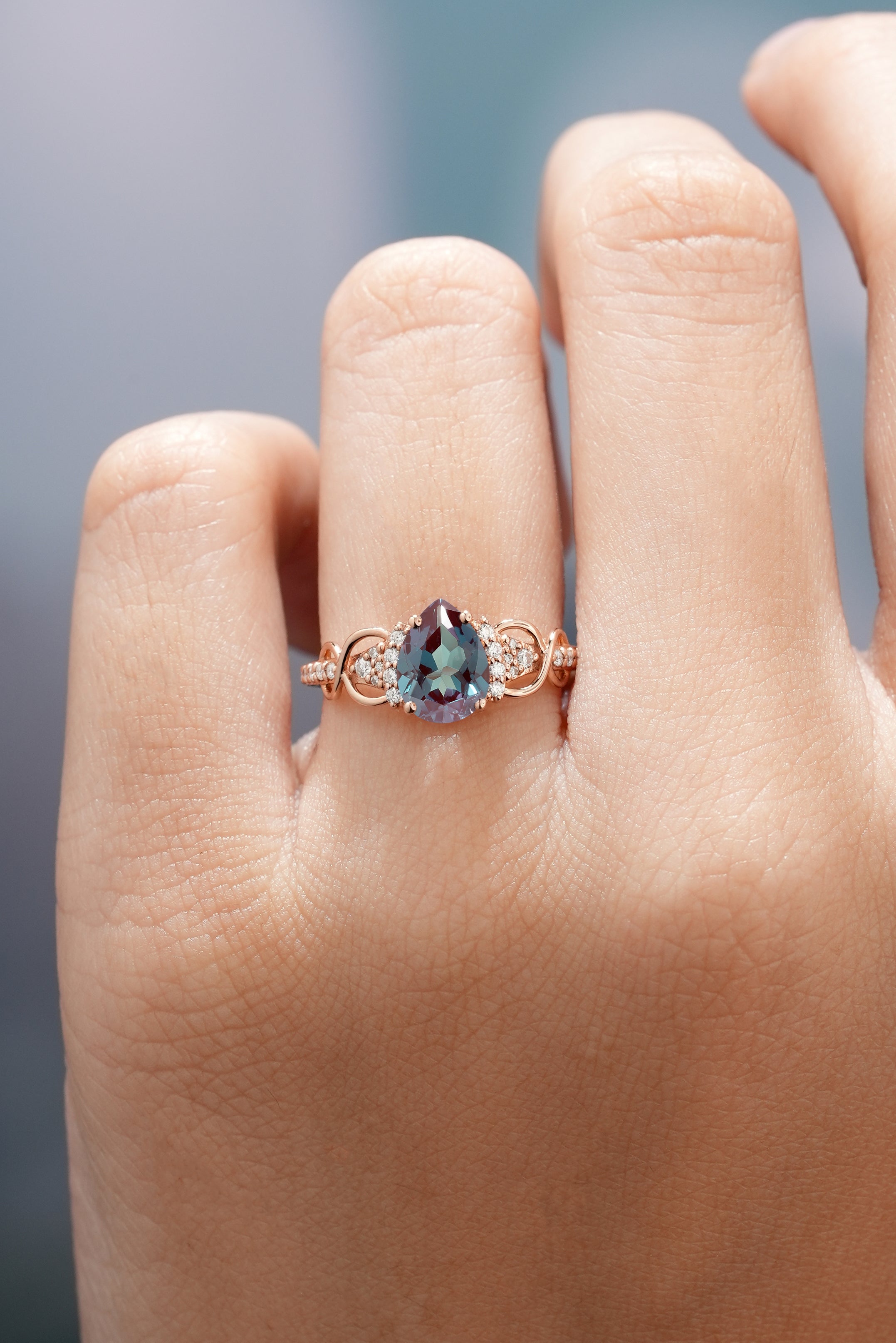 Rose Gold Alexandrite Pear Cut Engagement Ring