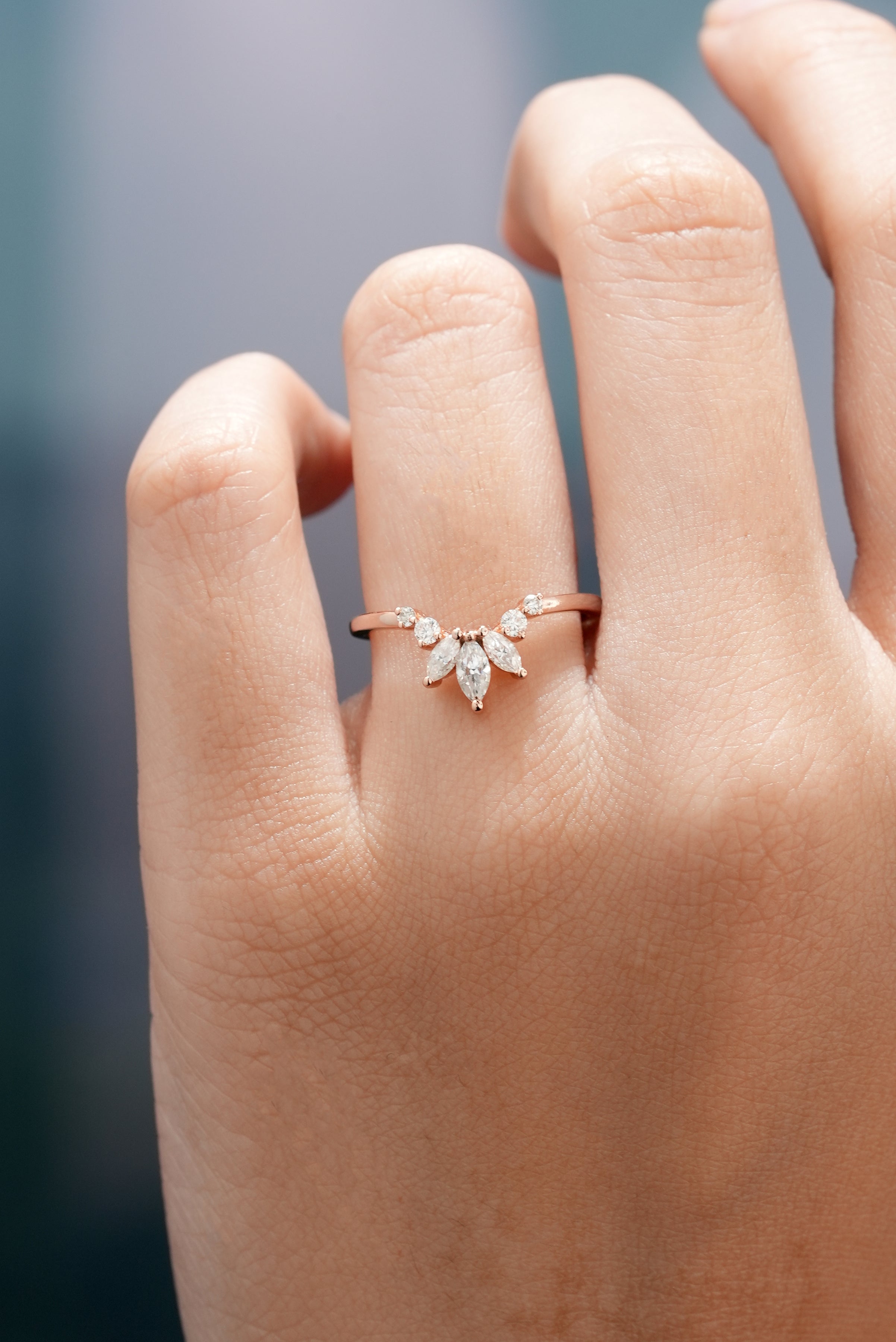 Marquise Moissanite Chevron Wedding Band in Rose Gold