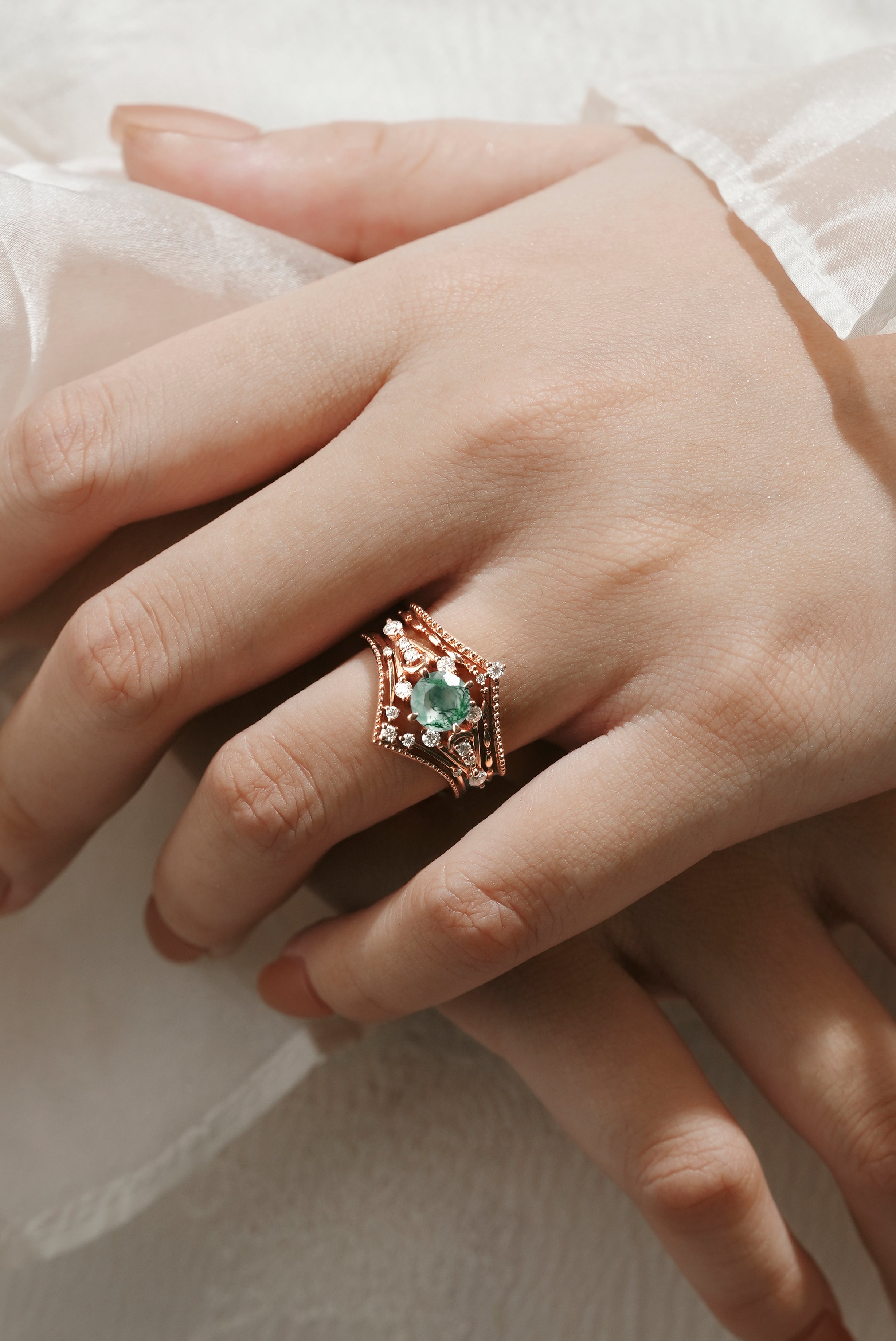Rose gold moss agate engagement ring with moissanite accents and wedding bands. Vintage bridal ring set, for engagement.