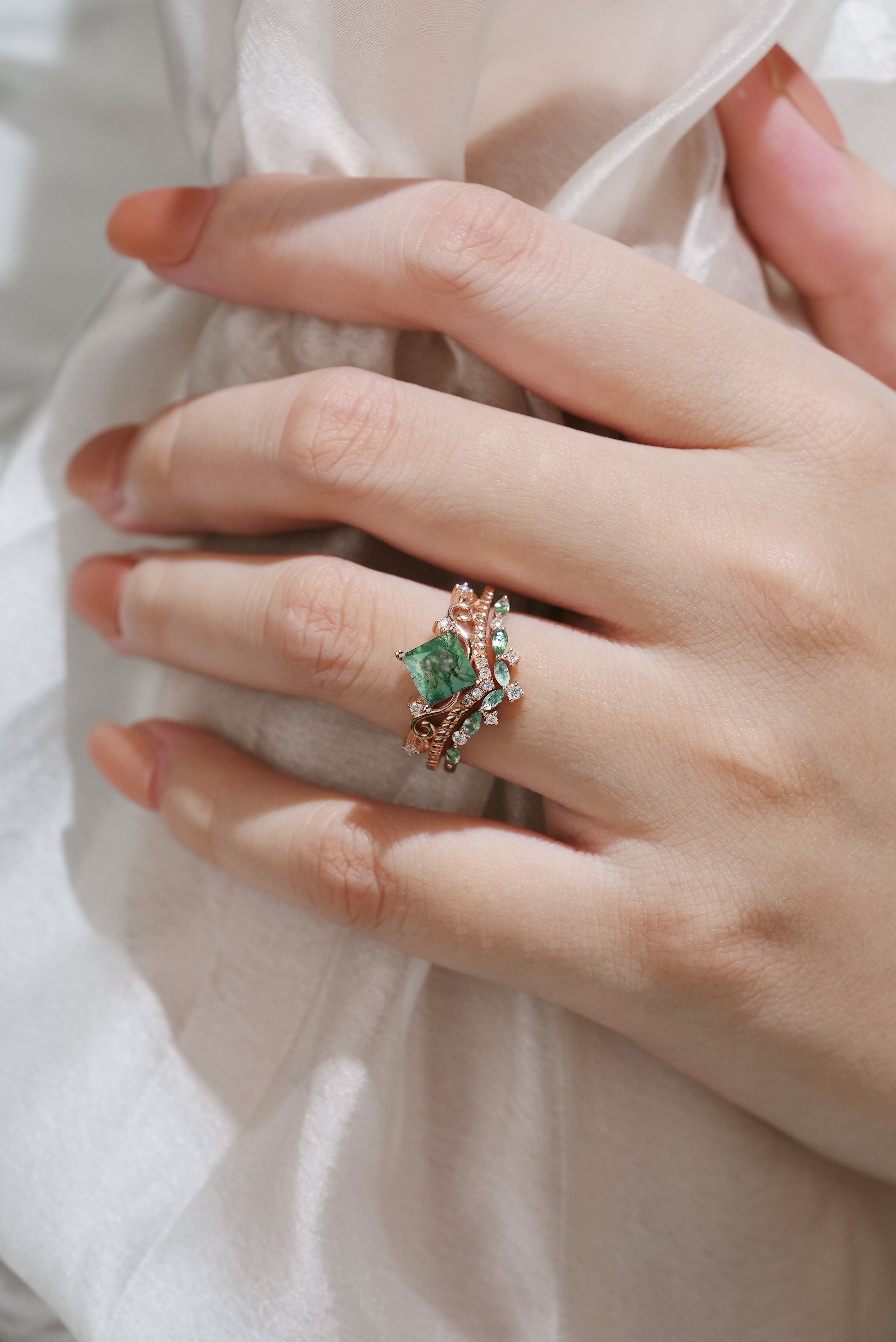 Princess Cut Moss Agate Engagement Ring & Wedding Band Set