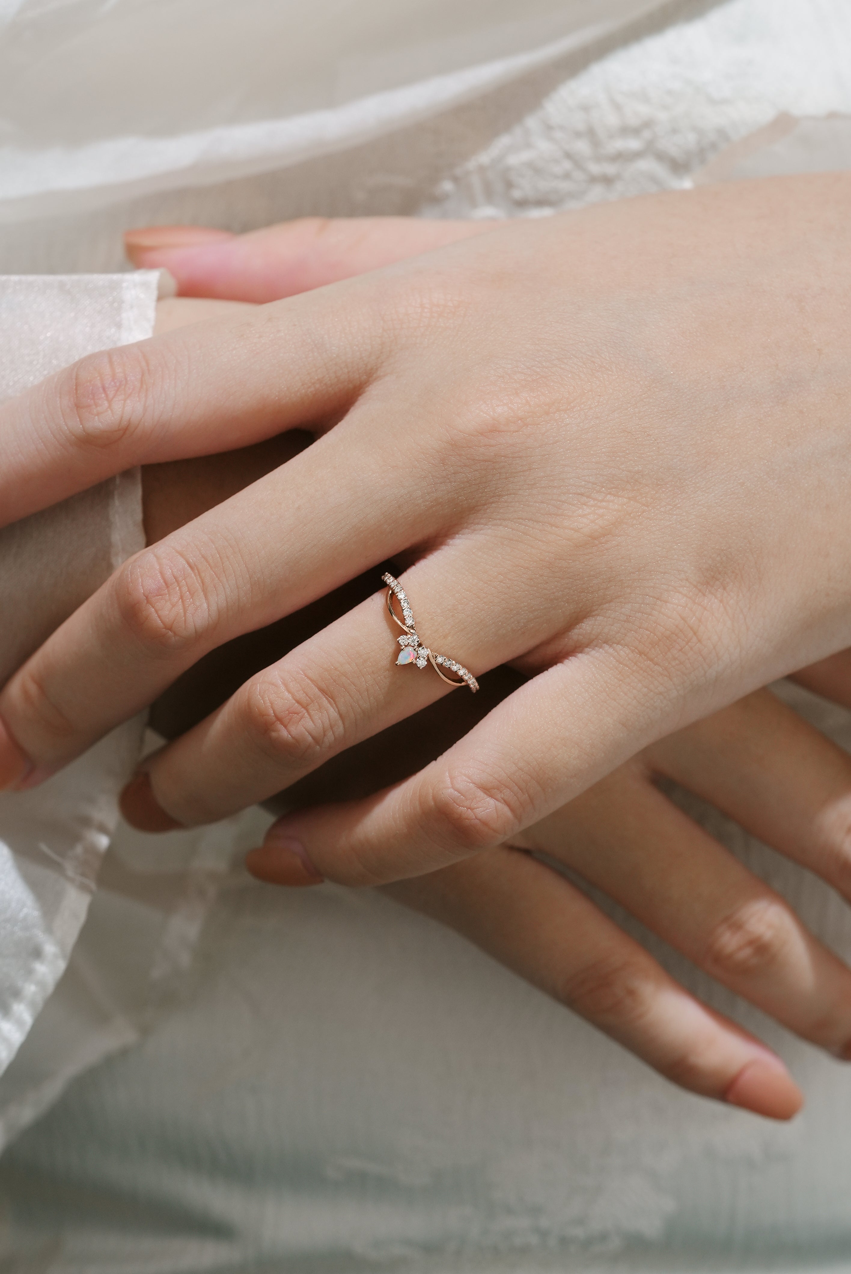 Rose gold opal and moissanite engagement ring, leaf design, vintage bridal set, proposal ring, wedding band