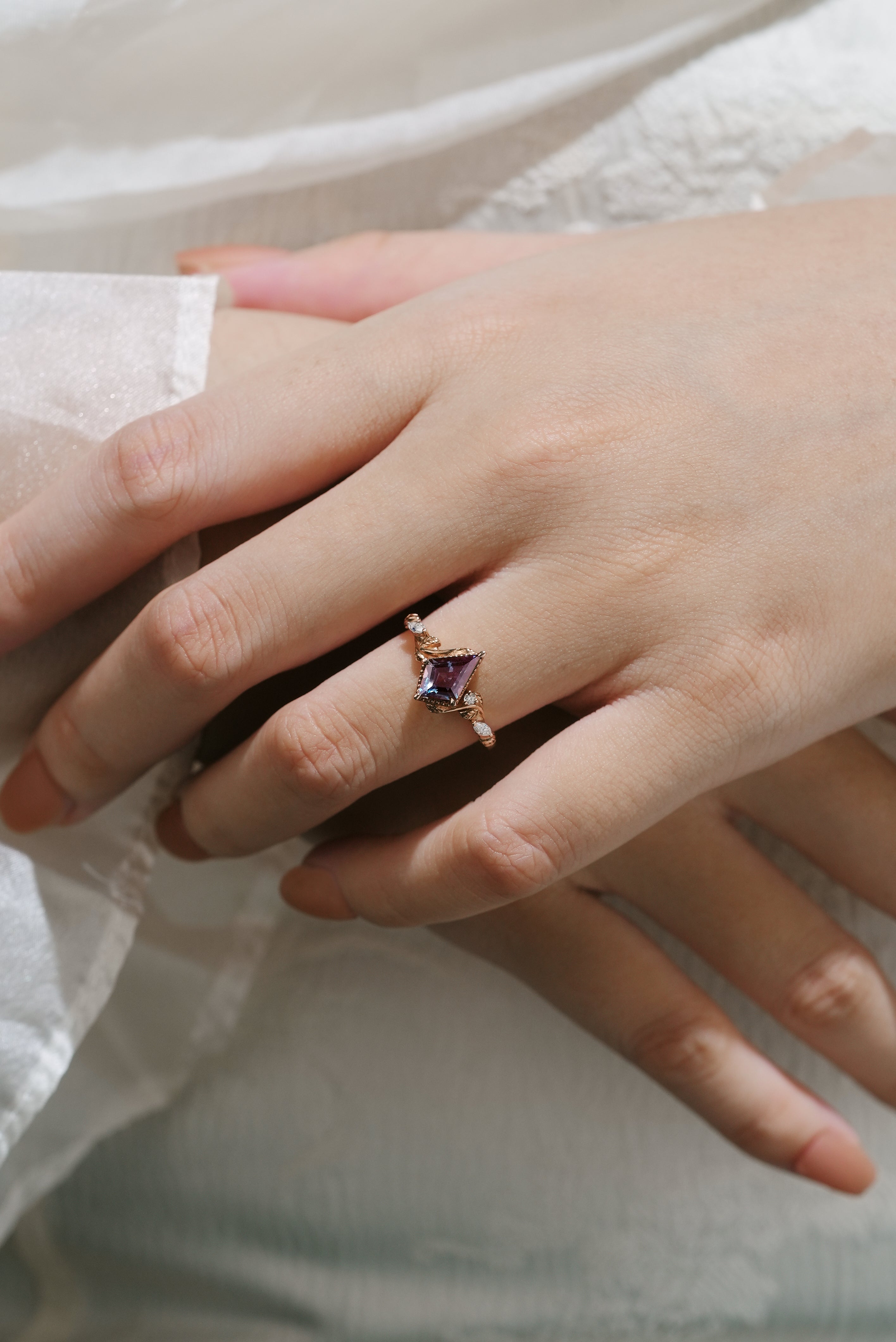 Alexandrite Kite Cut Engagement Ring with Leafy Design