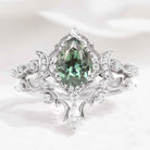 Unique Design Moon Ring Pear Cut Lab Green Sapphire Engagement Ring Sets 2pcs