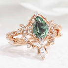 Unique Design Moon Ring Pear Cut Lab Green Sapphire Engagement Ring Sets 2pcs