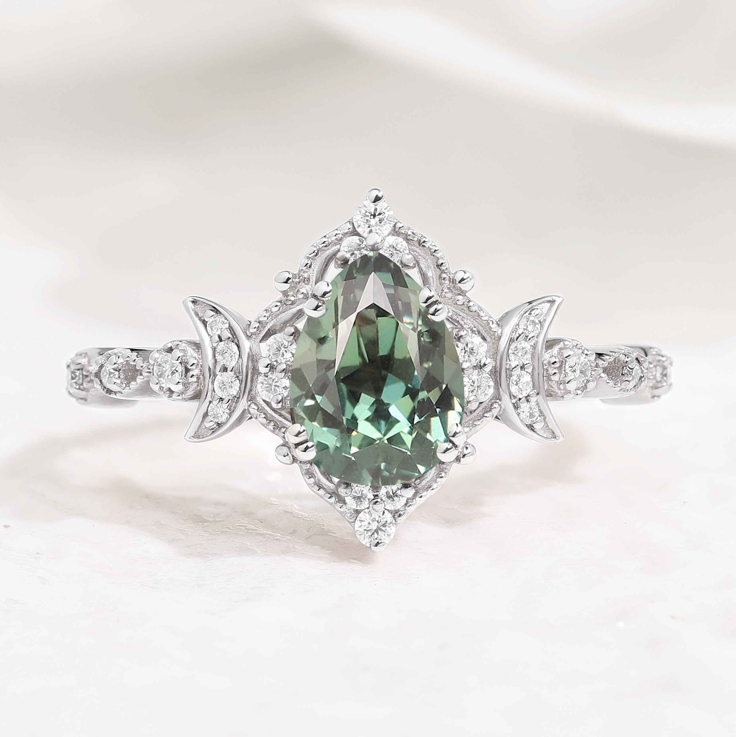 Unique Design Moon Inspired Pear Cut Lab Green Sapphire Engagement Ring
