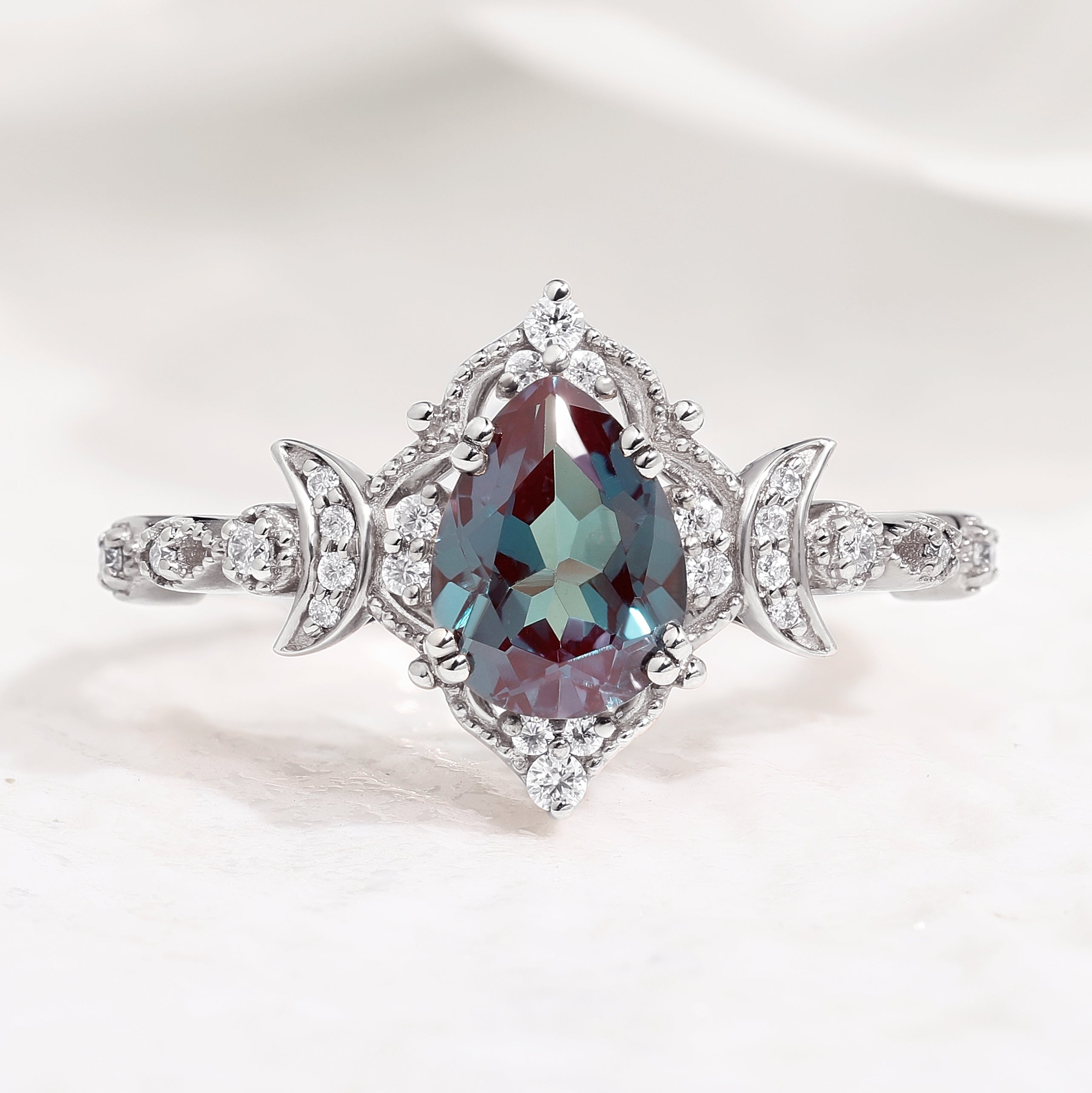 Unique Design Pear Cut Alexandrite And Moon Shaped Moissanite Wedding Ring In White Gold