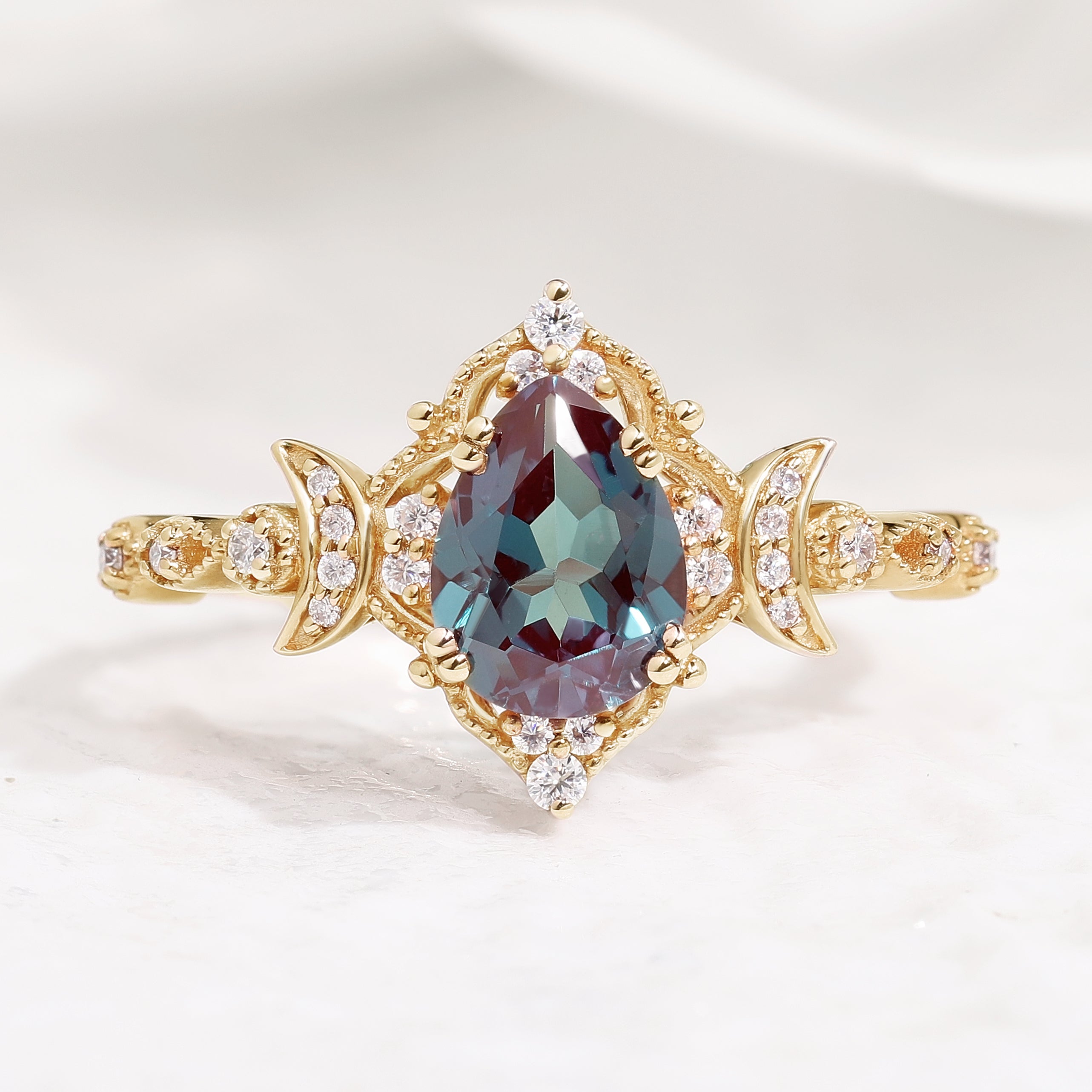 Unique Design Pear Cut Alexandrite And Moon Shaped Moissanite Wedding Ring In Yellow Gold