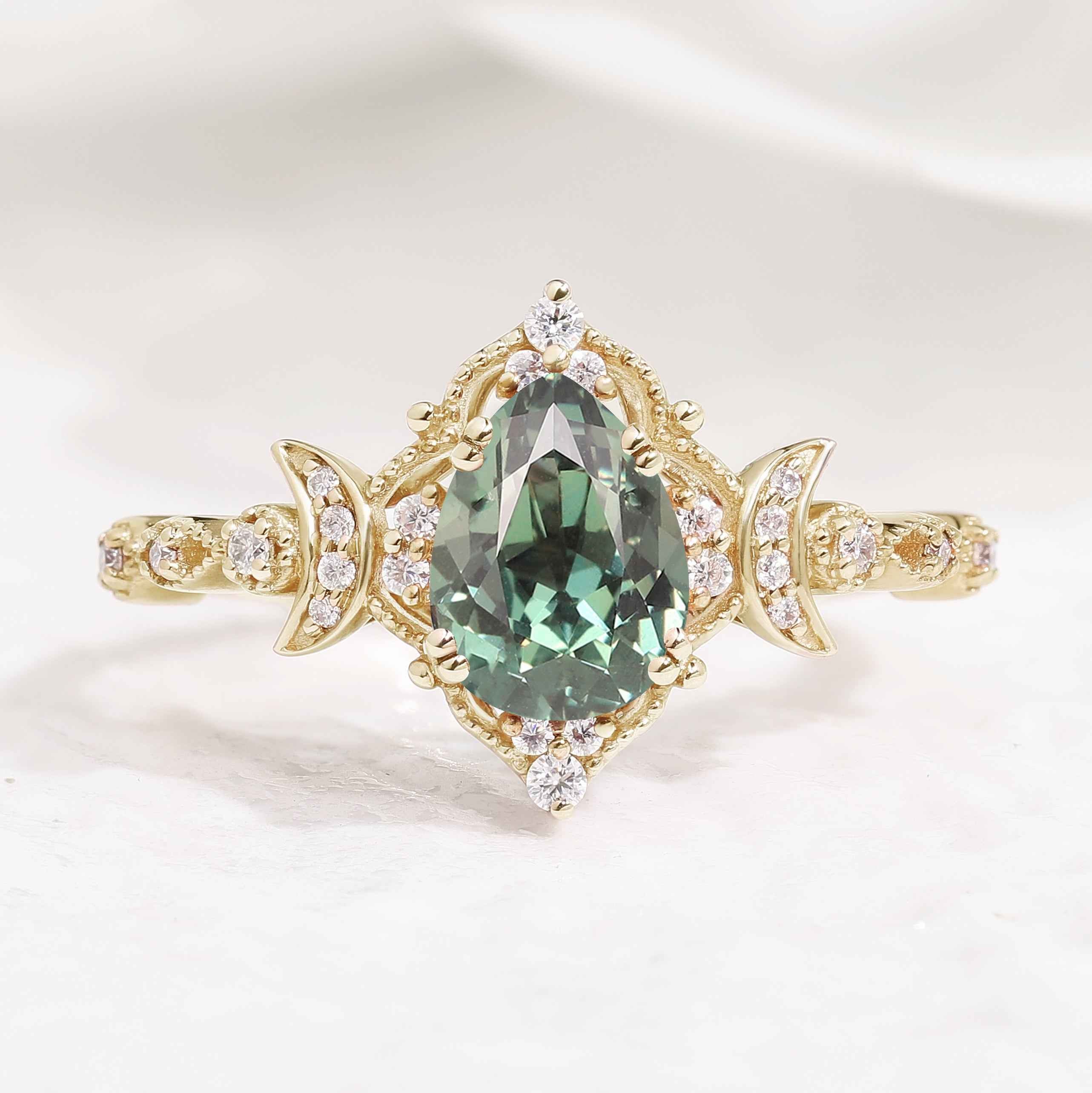 Unique Design Moon Inspired Pear Cut Lab Green Sapphire Engagement Ring