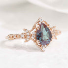 Unique Design Pear Cut Alexandrite And Moon Shaped Moissanite Wedding Ring