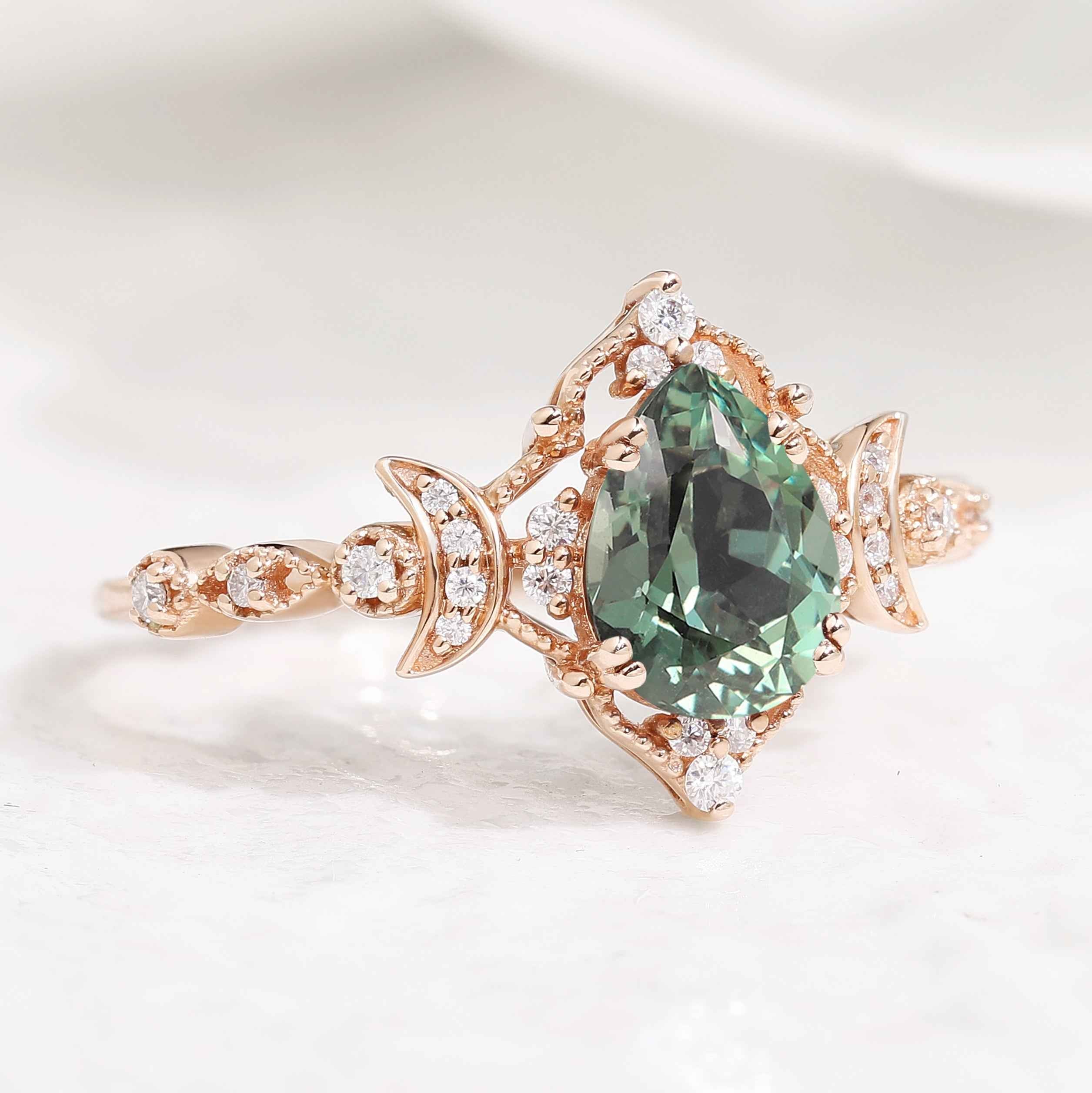 Unique Design Moon Inspired Pear Cut Lab Green Sapphire Engagement Ring