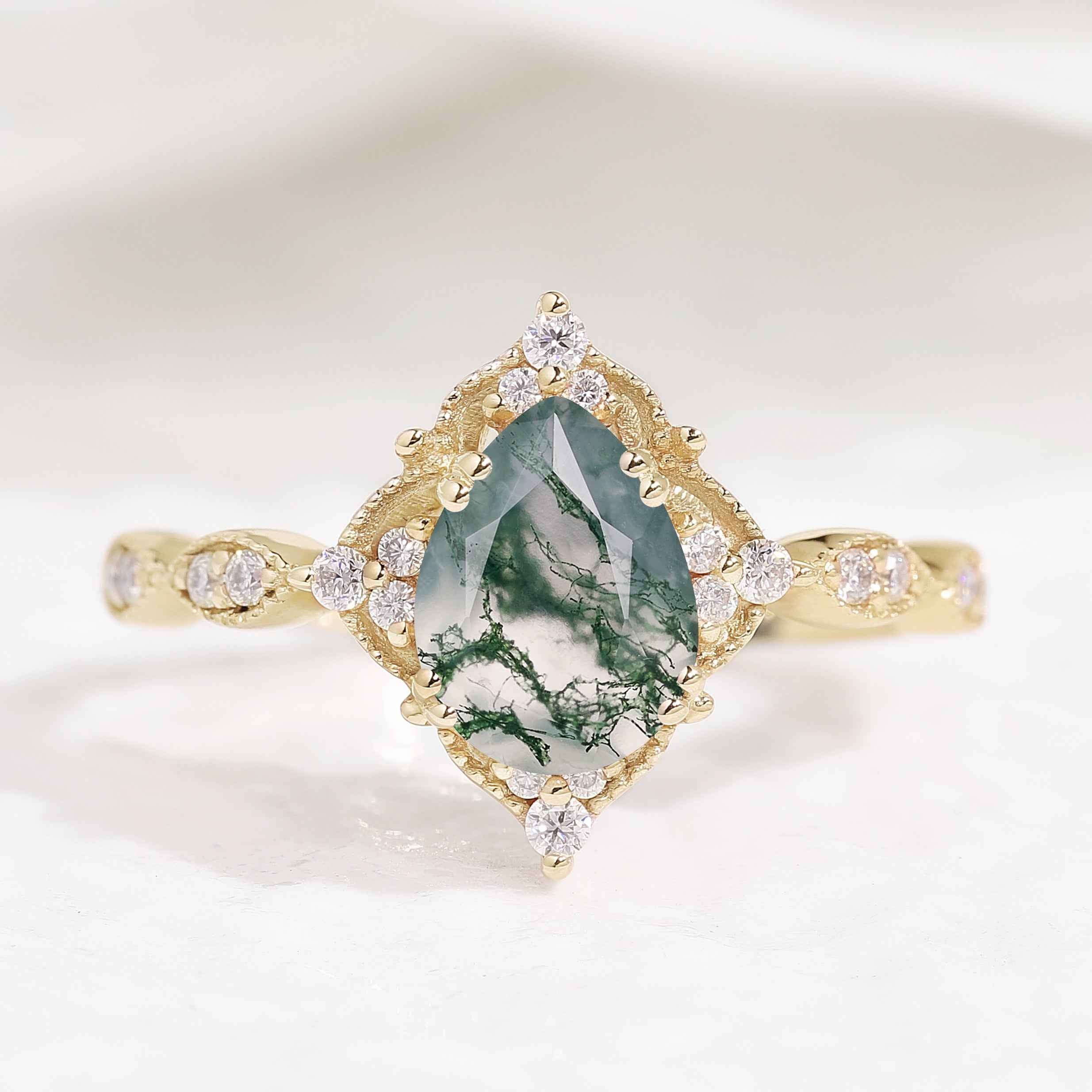 Signature Vintage Pear Cut Moss Agate Engagement Ring