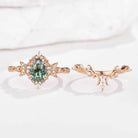 Unique Design Moon Ring Pear Cut Lab Green Sapphire Engagement Ring Sets 2pcs