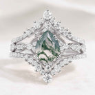 Vintage Pear Cut Moss Agate Engagement Ring Set Moissanite Wedding Bands 3pcs