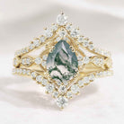 Vintage Pear Cut Moss Agate Engagement Ring Set Moissanite Wedding Bands 3pcs