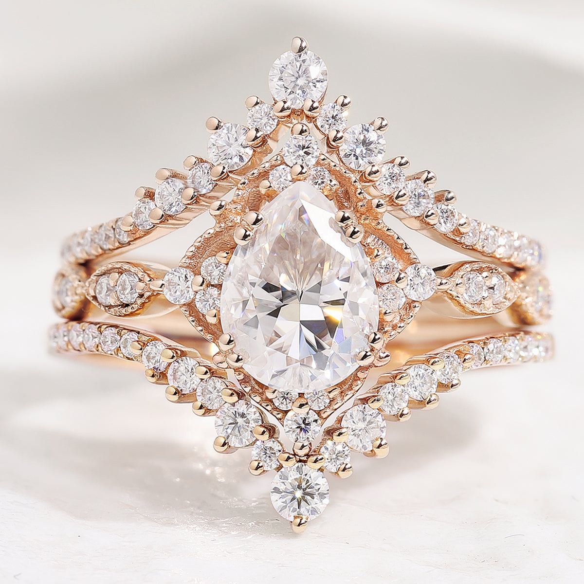 Vintage Pear Shaped Moissanite Engagement Ring Sets 3pcs