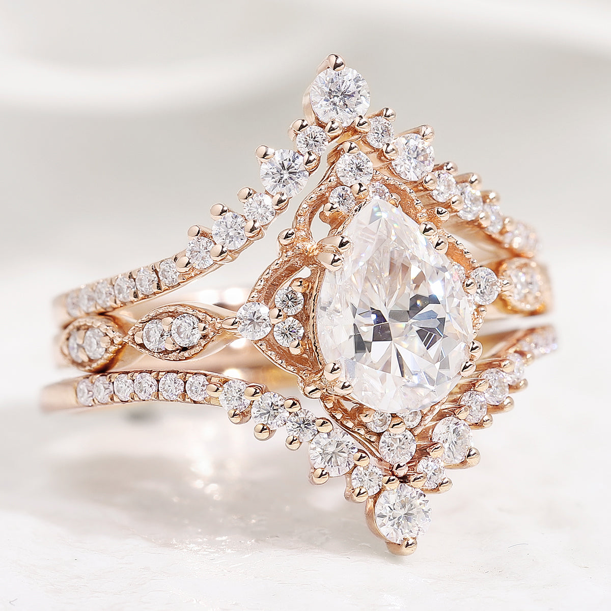 Vintage Pear Shaped Moissanite Engagement Ring Sets 3pcs