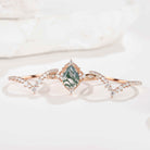 Vintage Pear Cut Moss Agate Engagement Ring Set Moissanite Wedding Bands 3pcs