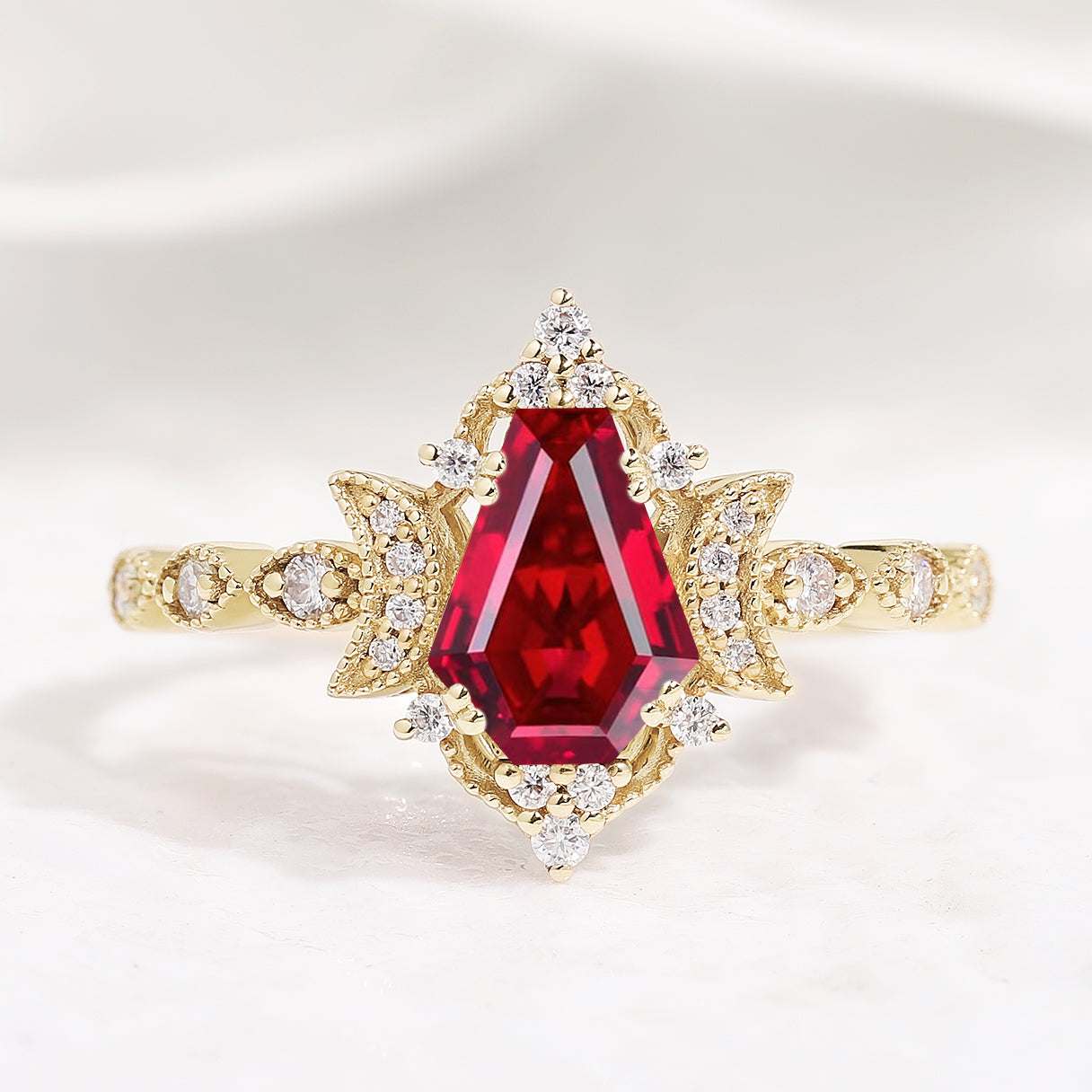 Unique Moon Design Coffin Cut Ruby Anniversary Ring In Yellow Gold