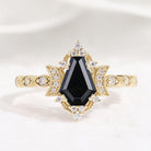 Black Onyx engagement ring with moon and leaf detail