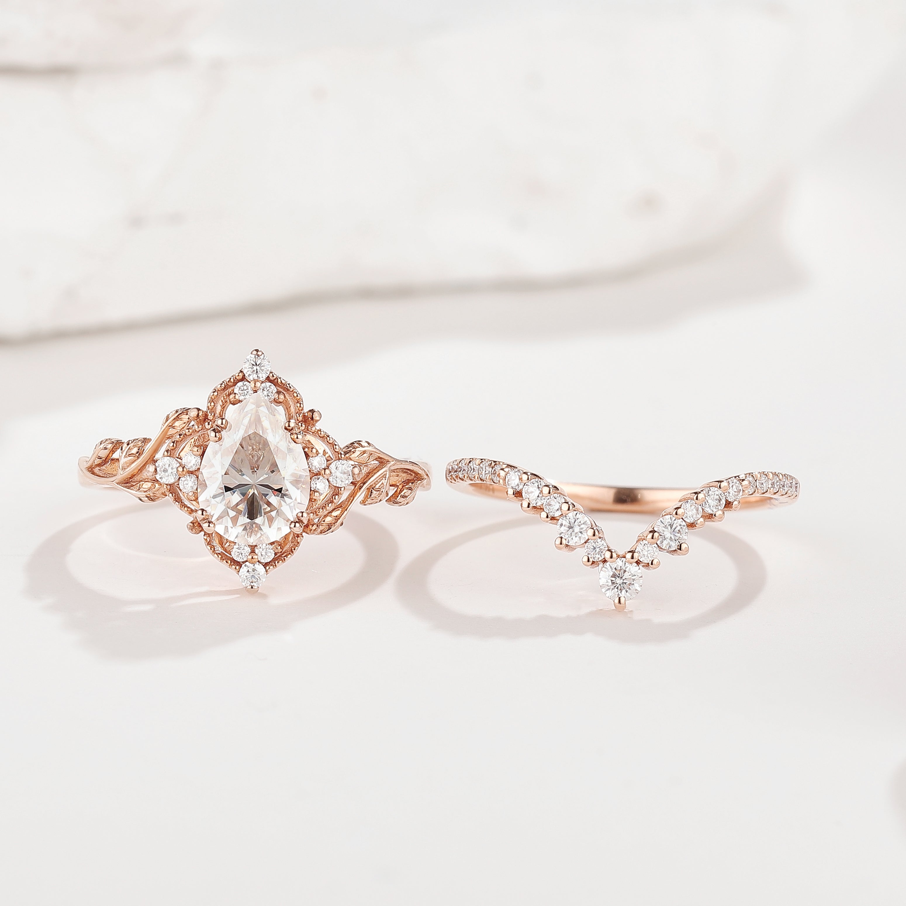 Nature Inspired Leafy Moissanite Engagement Ring Set V Shaped Curved Wedding Band In Rose Gold