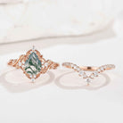 Nature Inspired Moss Agate Leaf Engagement Ring Set Chevron Wedding Band 2pcs