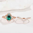 10K Nature Inspired Pear Cut Lab Emerald Leaf Engagement Ring Set 2pcs