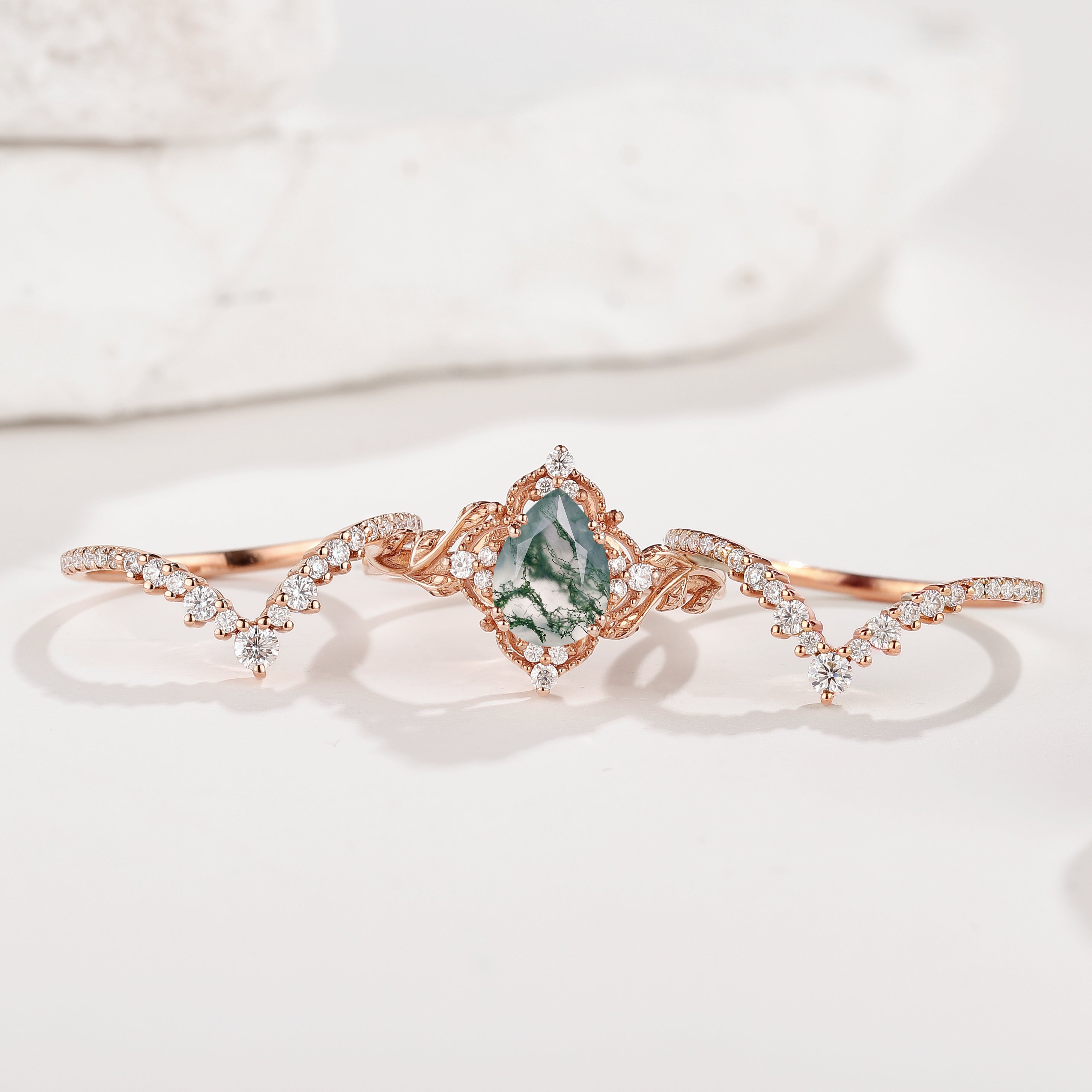 Nature Moss Agate Leaf Engagement Ring Set Chevron Wedding Bands 3pcs