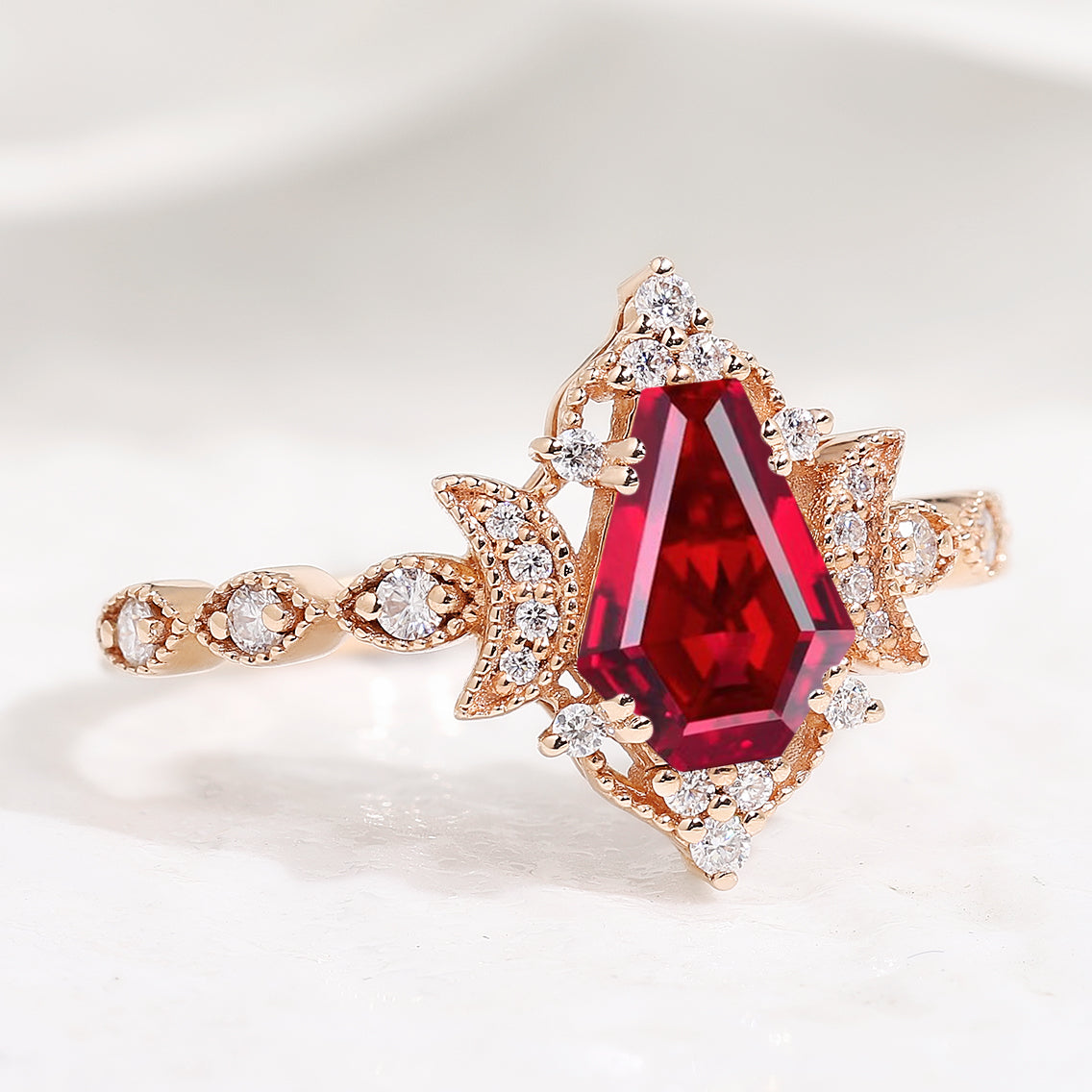 Unique Moon Design Coffin Cut Ruby Anniversary Ring